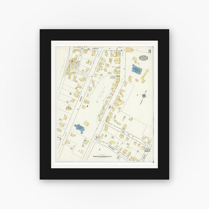 Old map wall art mockup — black gallery frame with white mat — Sanborn Fire Insurance Map from Monson, Hampden County, Massachusetts (1918), Sheet #0003