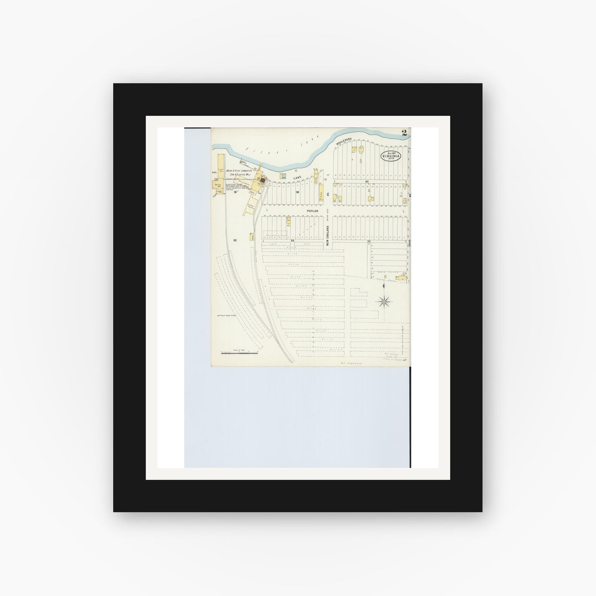 Old map wall art mockup — black gallery frame with white mat — Sanborn Fire Insurance Map from Virginia, Saint Louis County, Minnesota (1897), Sheet #0002