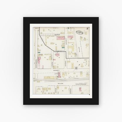 Old map wall art mockup — black gallery frame with white mat — Sanborn Fire Insurance Map from Henderson, Vance County, North Carolina (1885), Sheet #0003