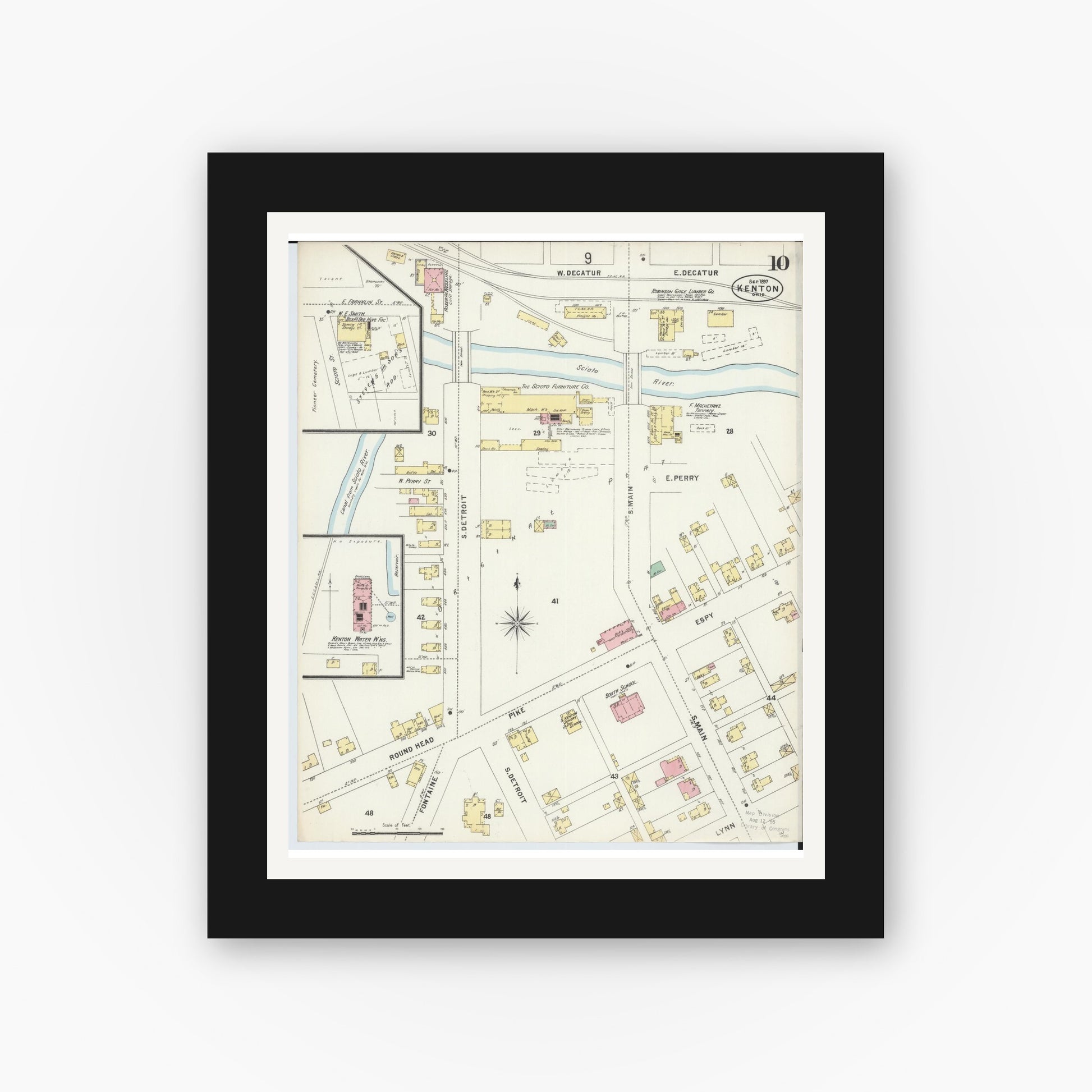 Old map wall art mockup — black gallery frame with white mat — Sanborn Fire Insurance Map from Kenton, Hardin County, Ohio (1897), Sheet #0010