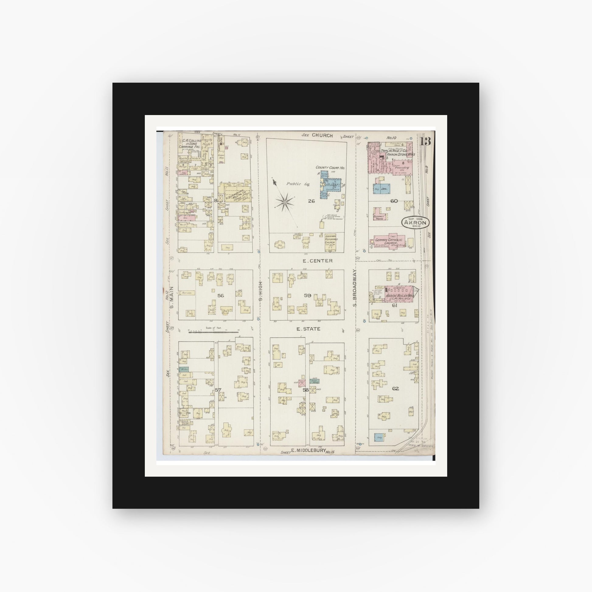 Old map wall art mockup — black gallery frame with white mat — Sanborn Fire Insurance Map from Akron, Summit County, Ohio (1886), Sheet #0013