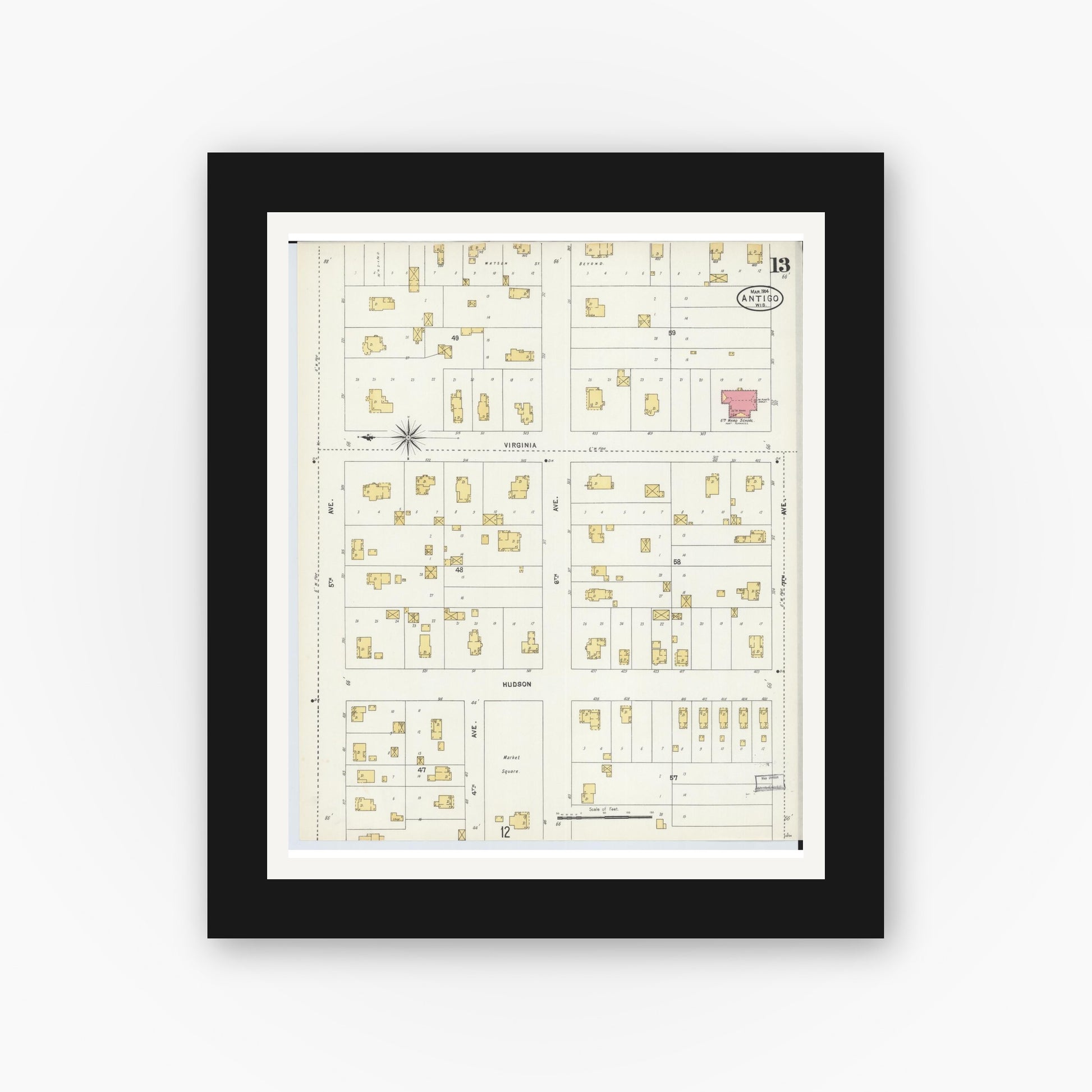 Old map wall art mockup — black gallery frame with white mat — Sanborn Fire Insurance Map from Antigo, Langlade County, Wisconsin (1904), Sheet #0013