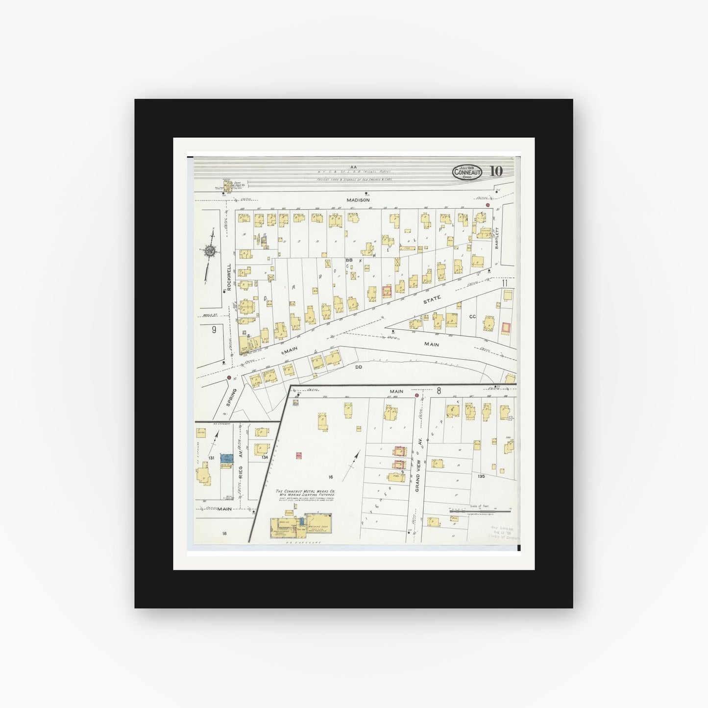 Old map wall art mockup — black gallery frame with white mat — Sanborn Fire Insurance Map from Conneaut, Ashtabula County, Ohio (1919), Sheet #0010