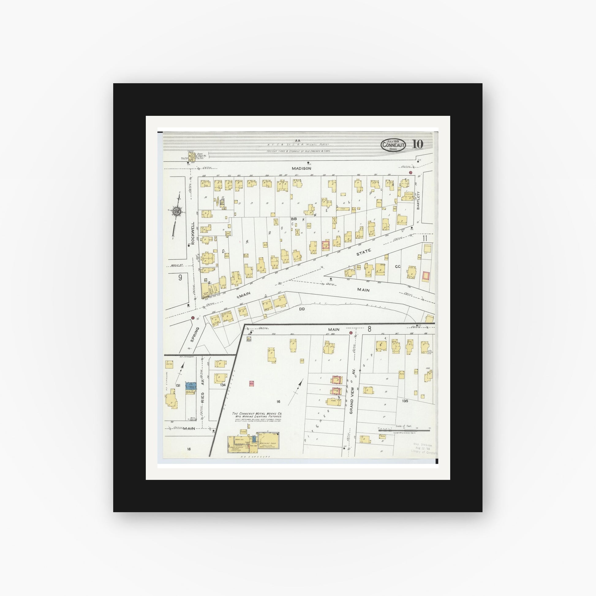 Old map wall art mockup — black gallery frame with white mat — Sanborn Fire Insurance Map from Conneaut, Ashtabula County, Ohio (1919), Sheet #0010