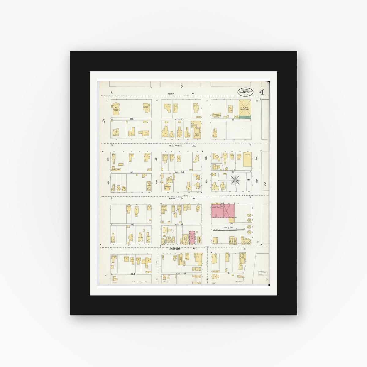 Old map wall art mockup — black gallery frame with white mat — Sanborn Fire Insurance Map from Sanford, Seminole County, Florida (1906), Sheet #0004