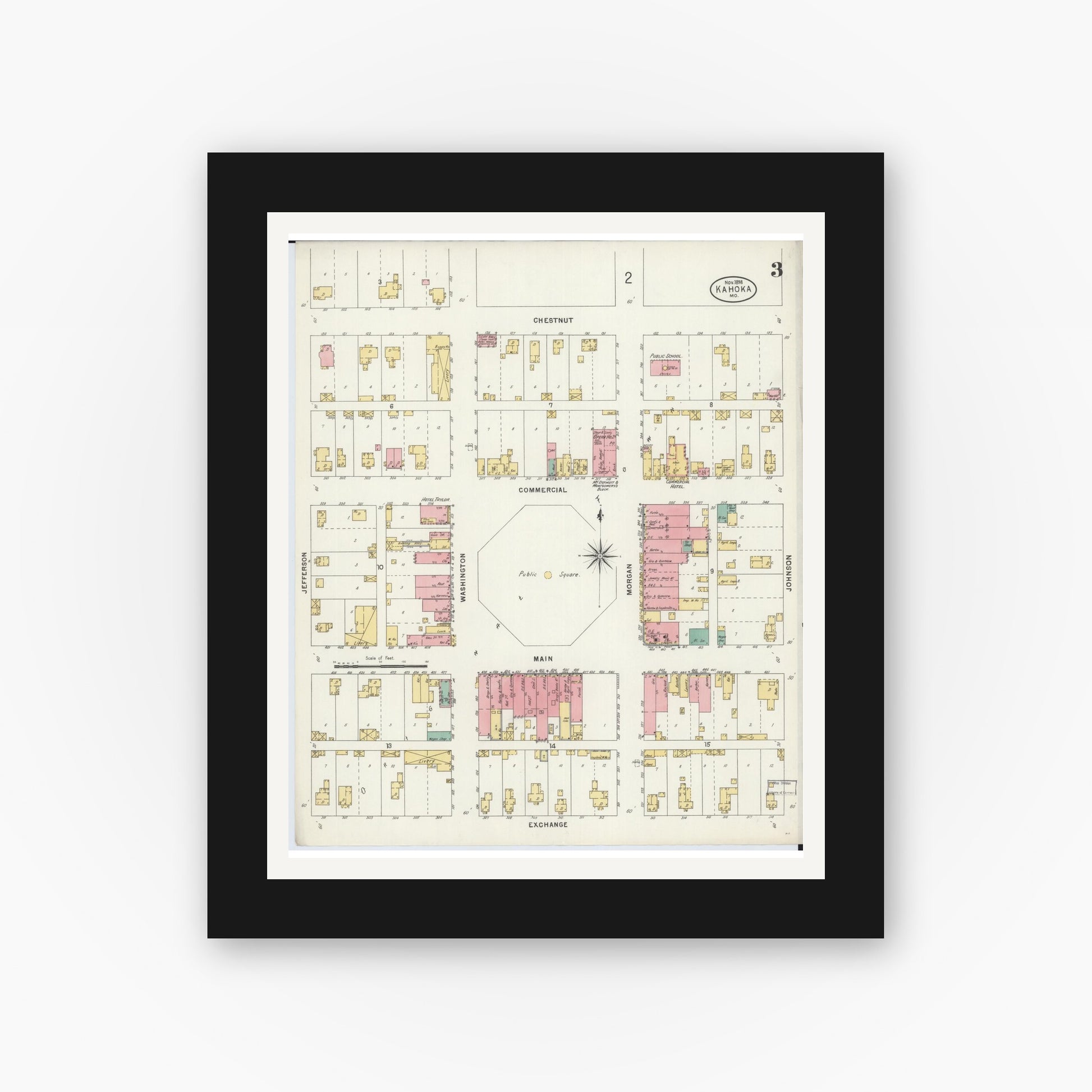 Old map wall art mockup — black gallery frame with white mat — Sanborn Fire Insurance Map from Kahoka, Clark County, Missouri (1898), Sheet #0003