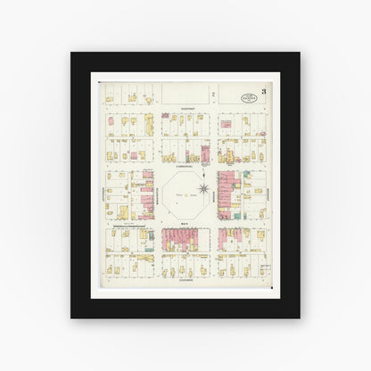 Old map wall art mockup — black gallery frame with white mat — Sanborn Fire Insurance Map from Kahoka, Clark County, Missouri (1898), Sheet #0003