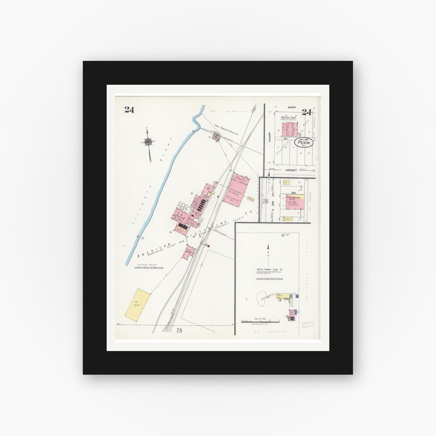 Old map wall art mockup — black gallery frame with white mat — Sanborn Fire Insurance Map from Pekin, Tazewell County, Illinois (1925), Sheet #0024