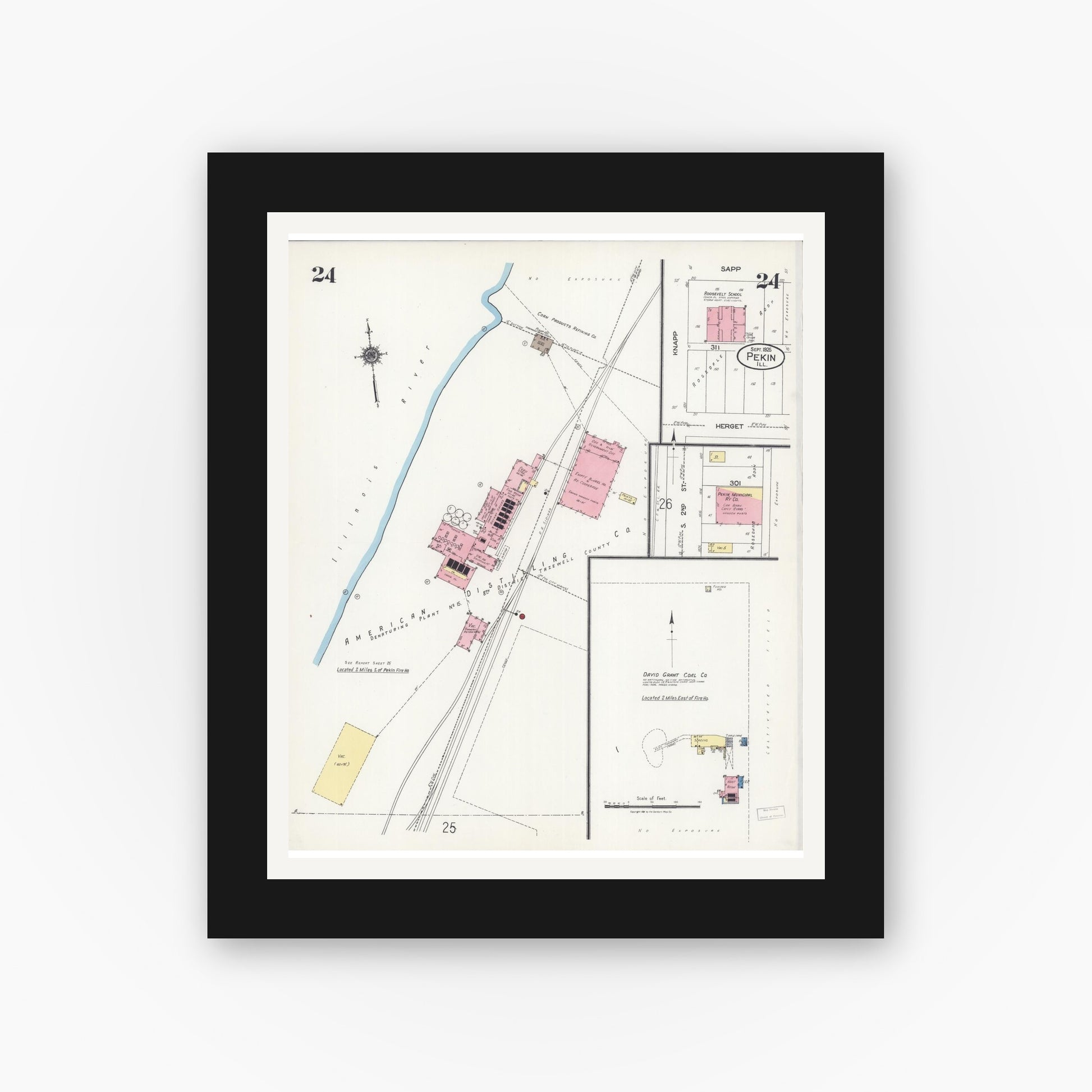 Old map wall art mockup — black gallery frame with white mat — Sanborn Fire Insurance Map from Pekin, Tazewell County, Illinois (1925), Sheet #0024