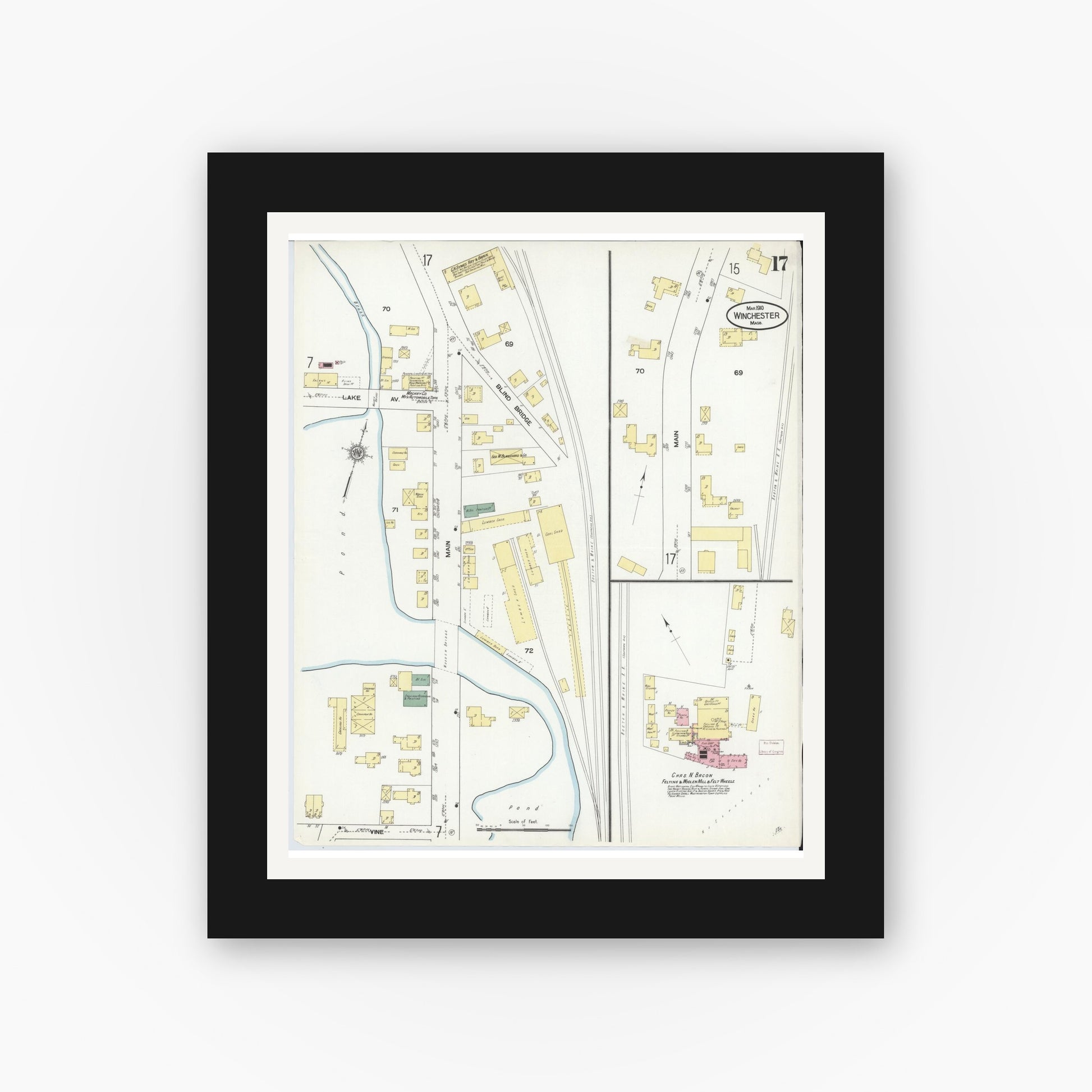 Old map wall art mockup — black gallery frame with white mat — Sanborn Fire Insurance Map from Winchester, Middlesex County, Massachusetts (1910), Sheet #0017