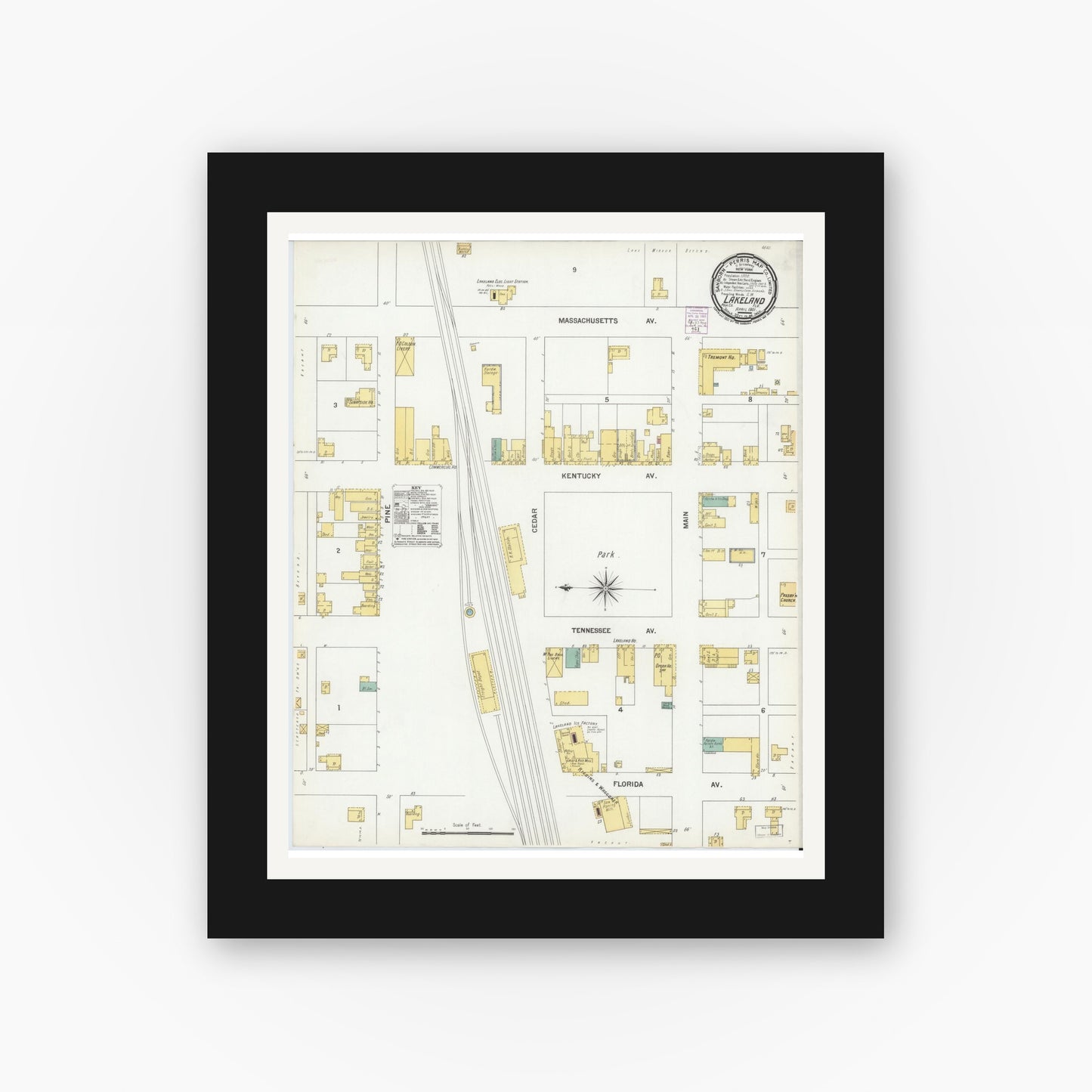 Old map wall art mockup — black gallery frame with white mat — Sanborn Fire Insurance Map from Lakeland, Polk County, Florida (1901), Sheet #0001