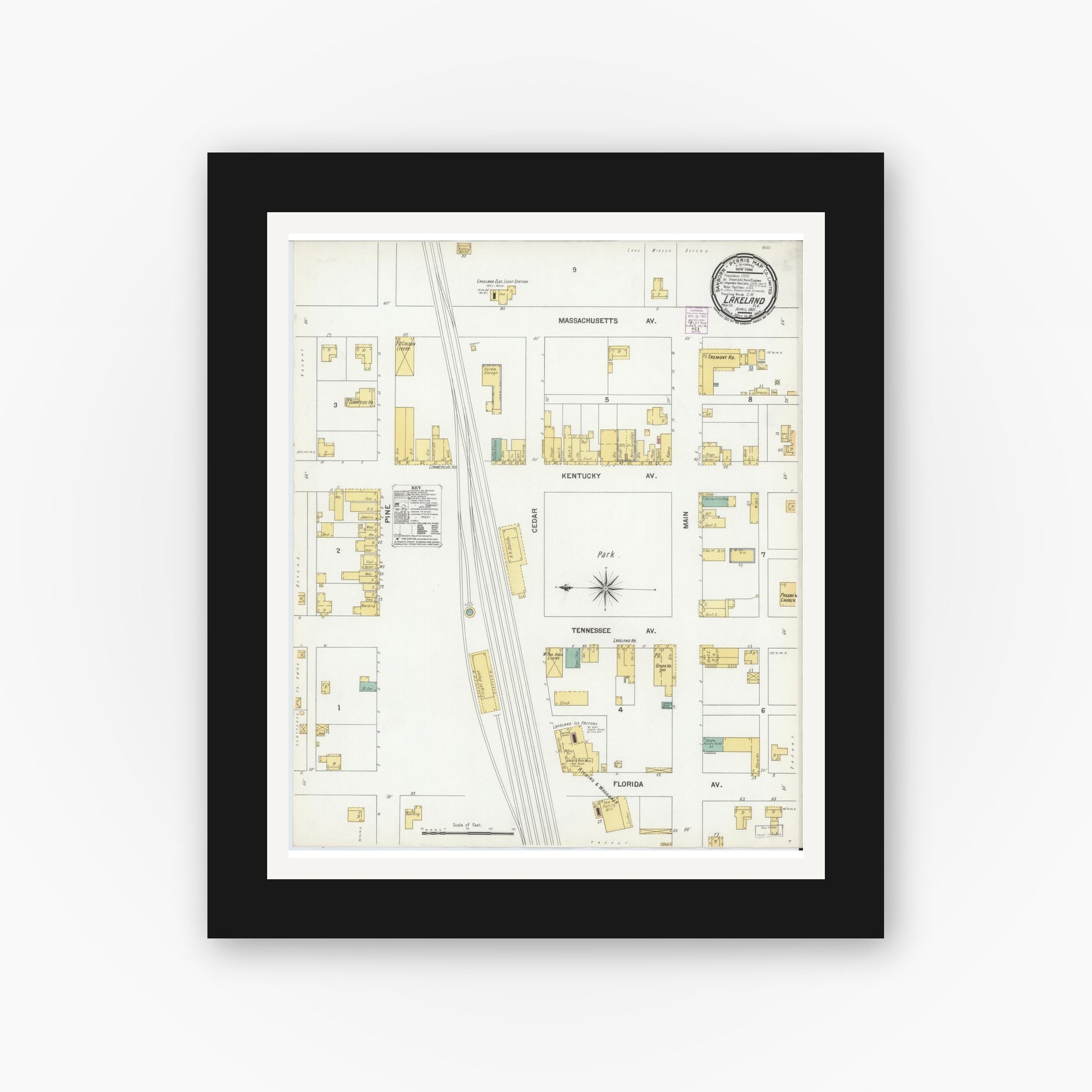 Old map wall art mockup — black gallery frame with white mat — Sanborn Fire Insurance Map from Lakeland, Polk County, Florida (1901), Sheet #0001