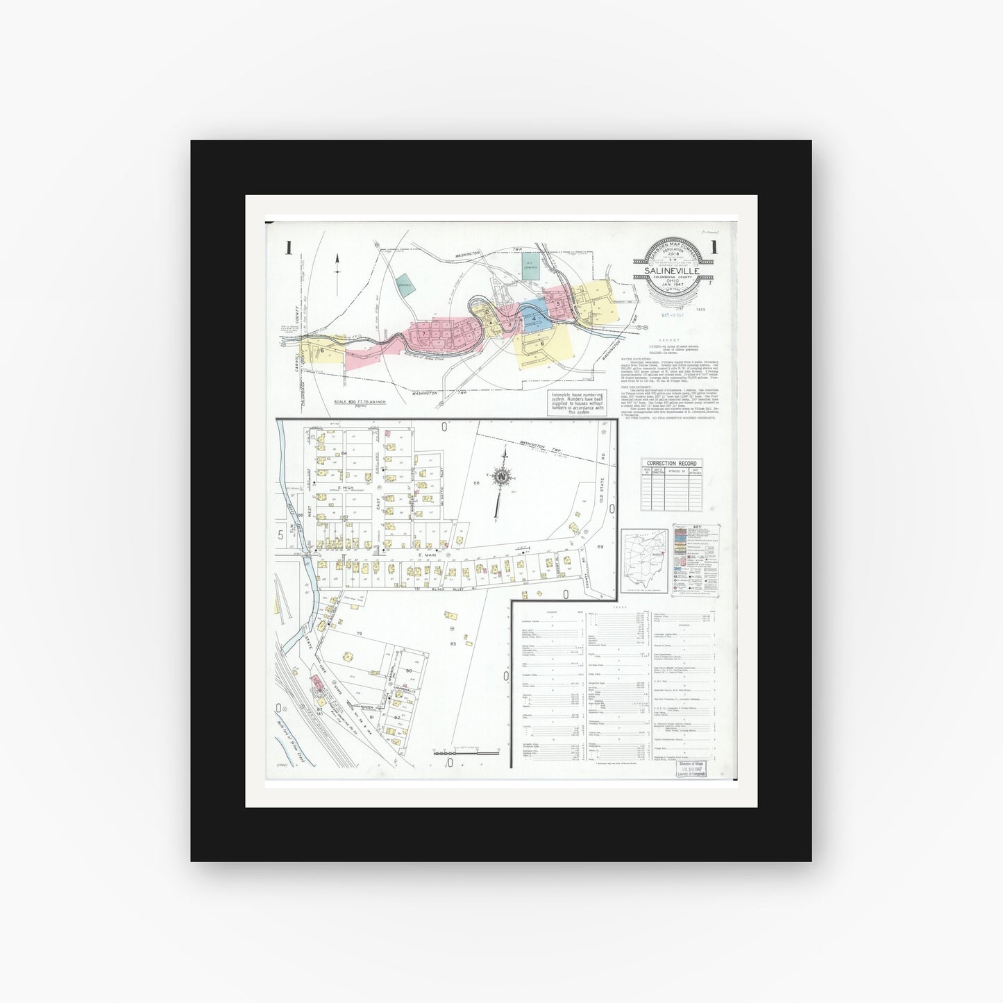 Old map wall art mockup — black gallery frame with white mat — Sanborn Fire Insurance Map from Salineville, Columbiana County, Ohio (1947), Sheet #0001