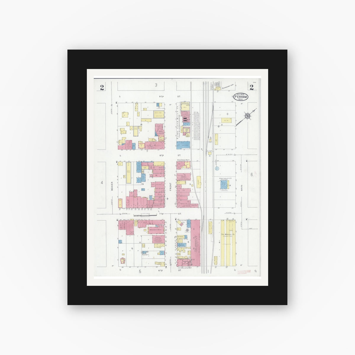 Old map wall art mockup — black gallery frame with white mat — Sanborn Fire Insurance Map from Perham, Otter Tail County, Minnesota (1929), Sheet #0002