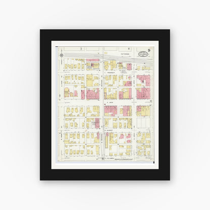 Old map wall art mockup — black gallery frame with white mat — Sanborn Fire Insurance Map from Alliance, Stark County, Ohio (1911), Sheet #0009