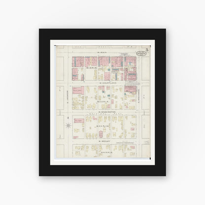Old map wall art mockup — black gallery frame with white mat — Sanborn Fire Insurance Map from Jackson, Jackson County, Michigan (1886), Sheet #0005