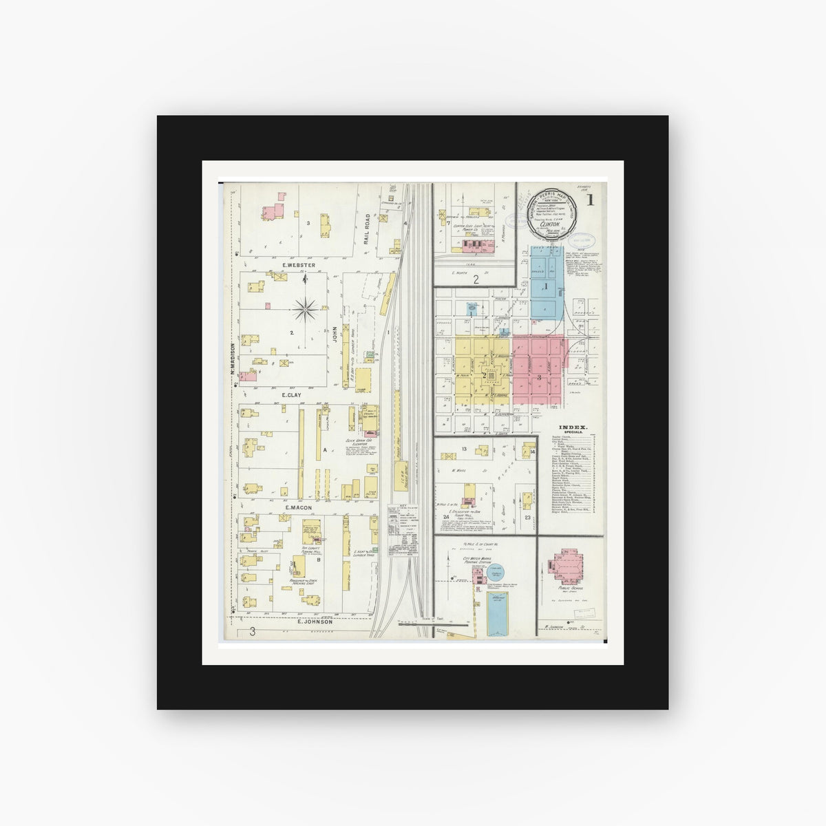 Old map wall art mockup — black gallery frame with white mat — Sanborn Fire Insurance Map from Clinton, De Witt County, Illinois (1898), Sheet #0001