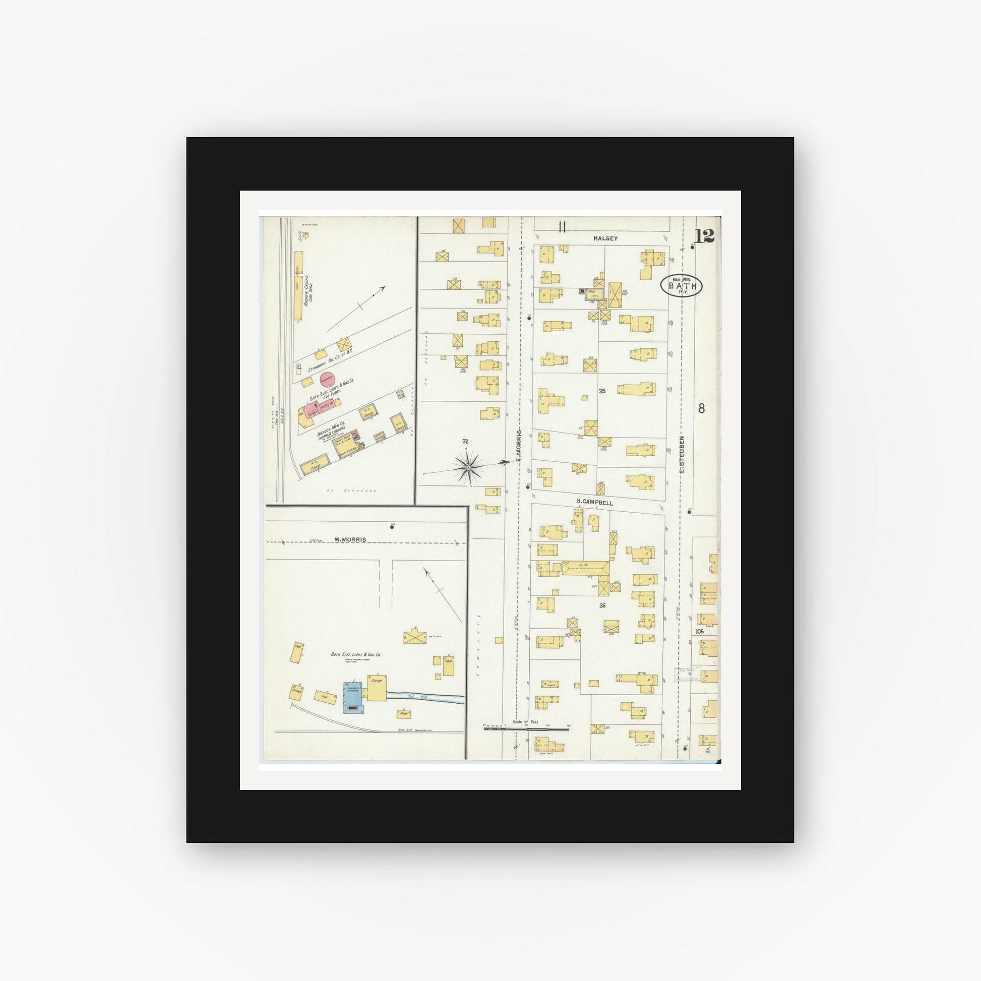Old map wall art mockup — black gallery frame with white mat — Sanborn Fire Insurance Map from Bath, Steuben County, New York (1904), Sheet #0012