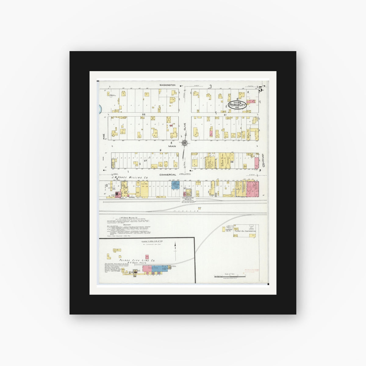 Old map wall art mockup — black gallery frame with white mat — Sanborn Fire Insurance Map from Pierce City, Lawrence County, Missouri (1918), Sheet #0005