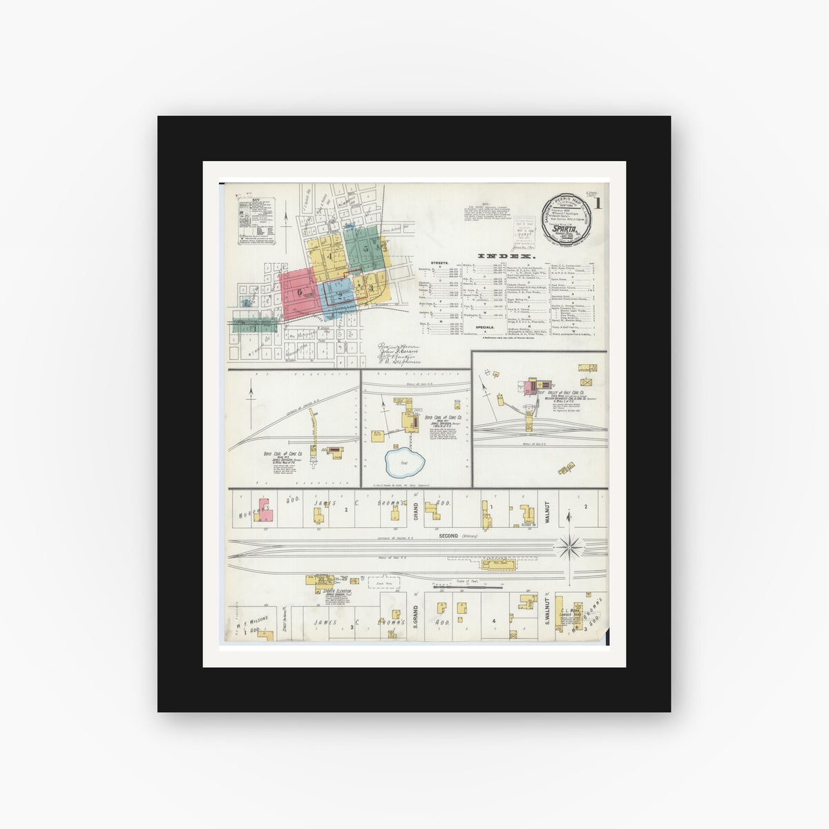 Old map wall art mockup — black gallery frame with white mat — Sanborn Fire Insurance Map from Sparta, Randolph County, Illinois (1900), Sheet #0001