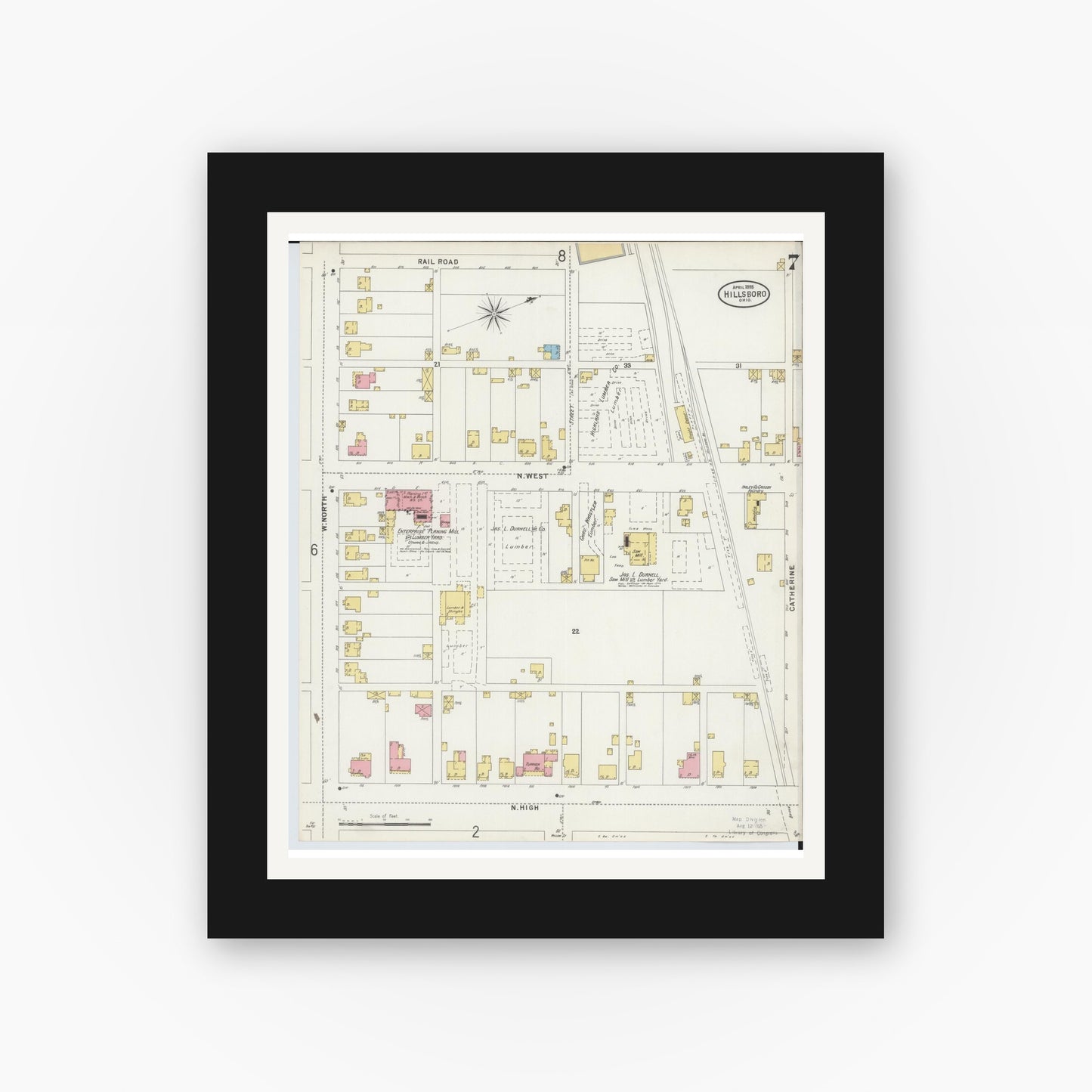 Old map wall art mockup — black gallery frame with white mat — Sanborn Fire Insurance Map from Hillsboro, Highland County, Ohio (1898), Sheet #0007