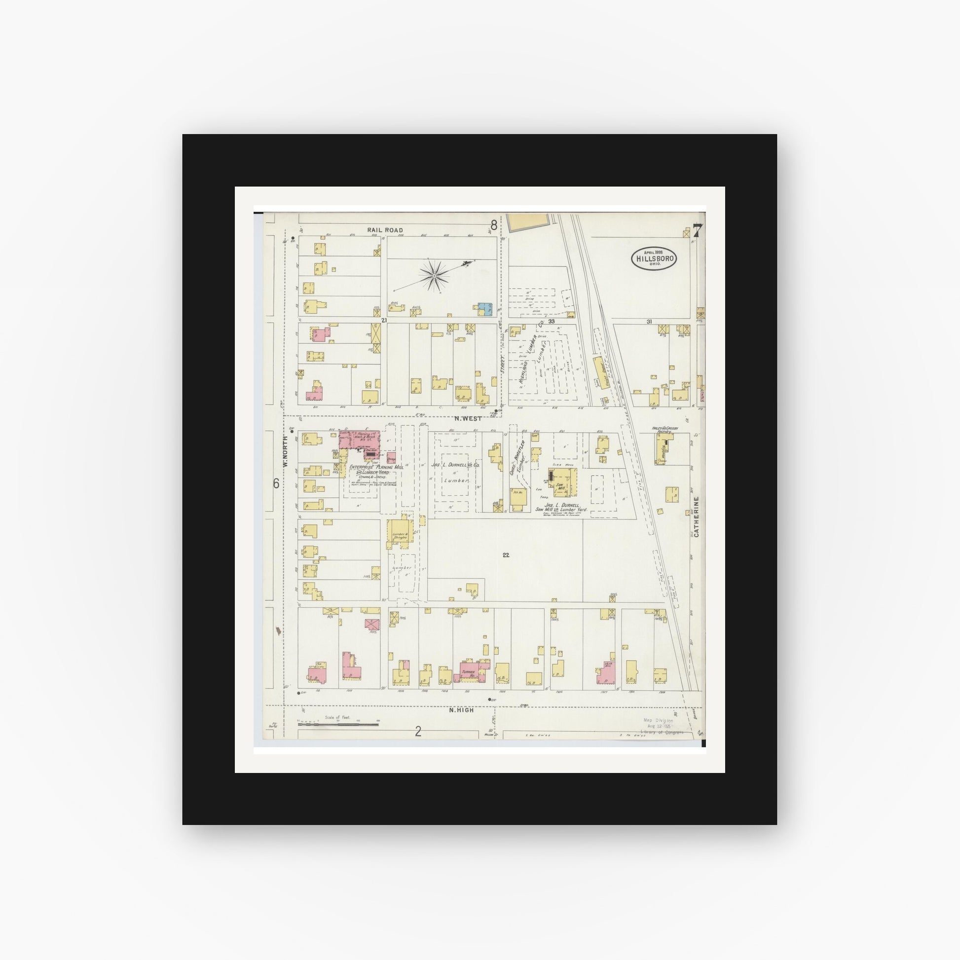Old map wall art mockup — black gallery frame with white mat — Sanborn Fire Insurance Map from Hillsboro, Highland County, Ohio (1898), Sheet #0007