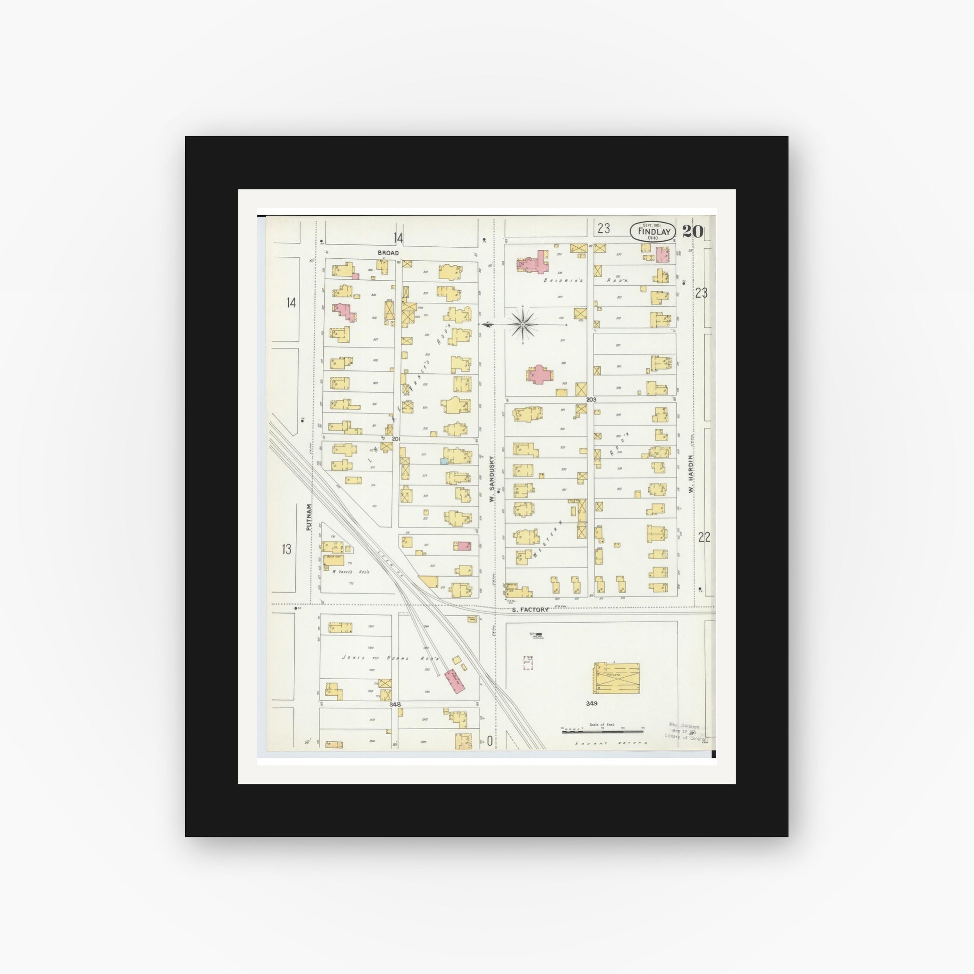 Old map wall art mockup — black gallery frame with white mat — Sanborn Fire Insurance Map from Findlay, Hancock County, Ohio (1901), Sheet #0020