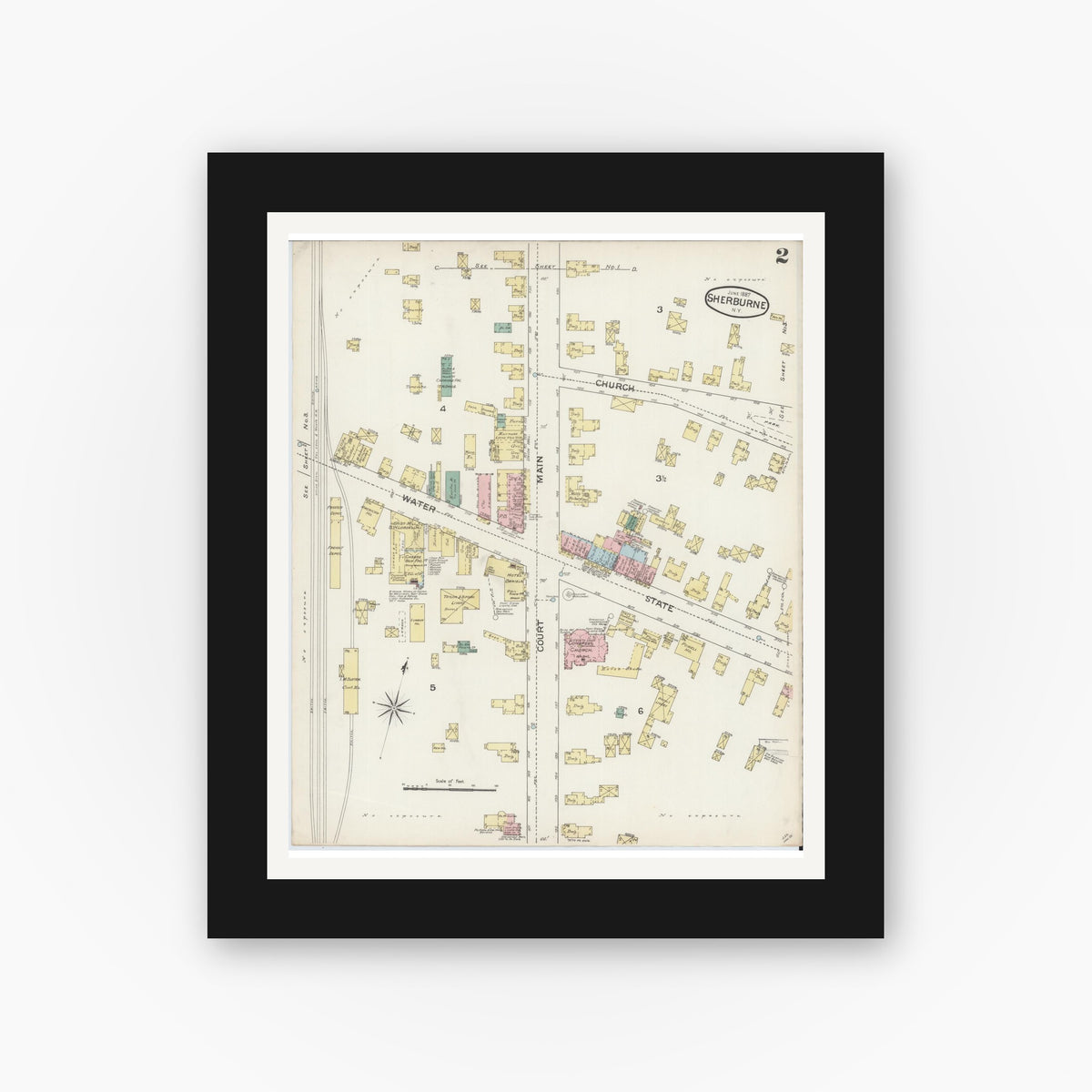 Old map wall art mockup — black gallery frame with white mat — Sanborn Fire Insurance Map from Sherburne, Chenango County, New York (1887), Sheet #0002
