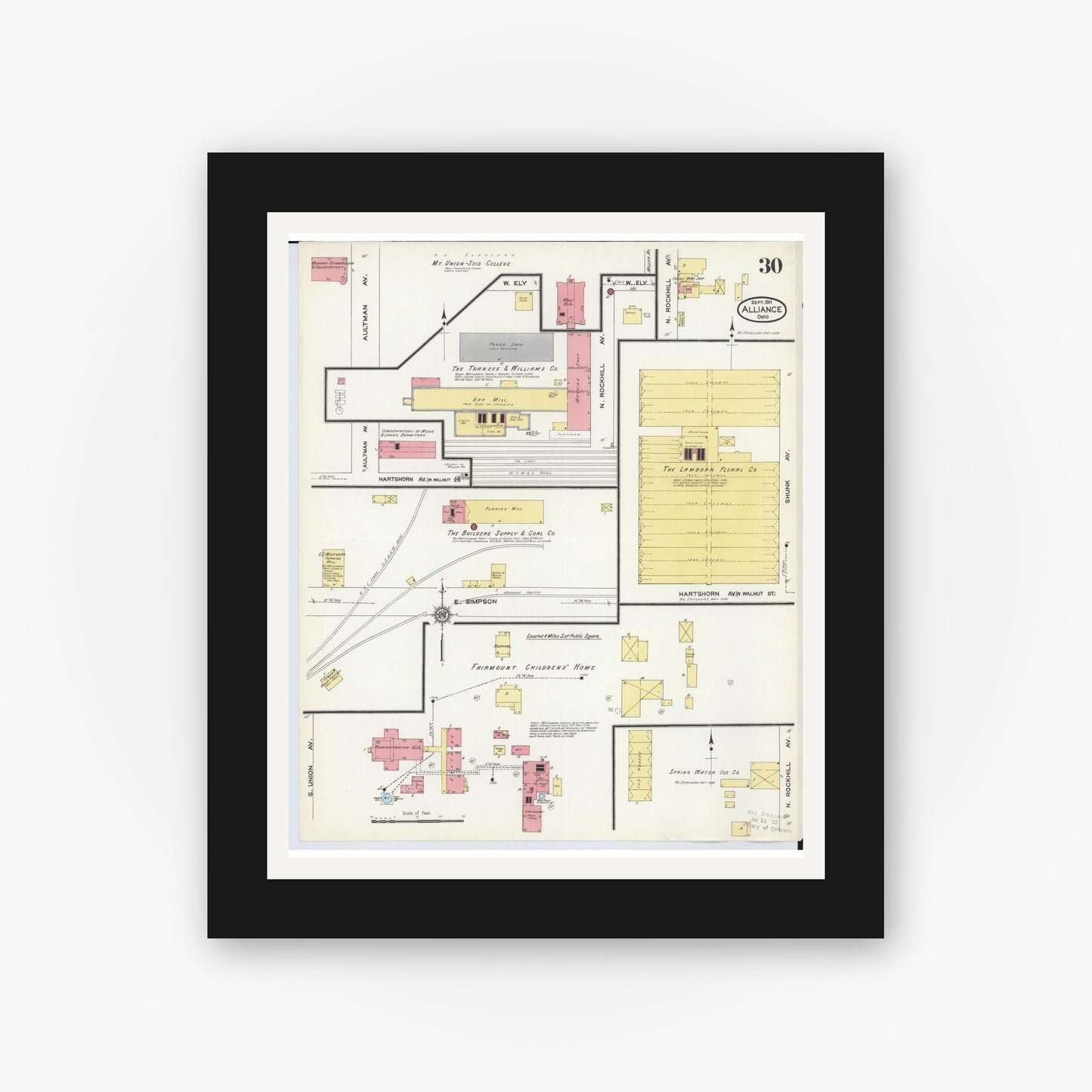 Old map wall art mockup — black gallery frame with white mat — Sanborn Fire Insurance Map from Alliance, Stark County, Ohio (1911), Sheet #0030