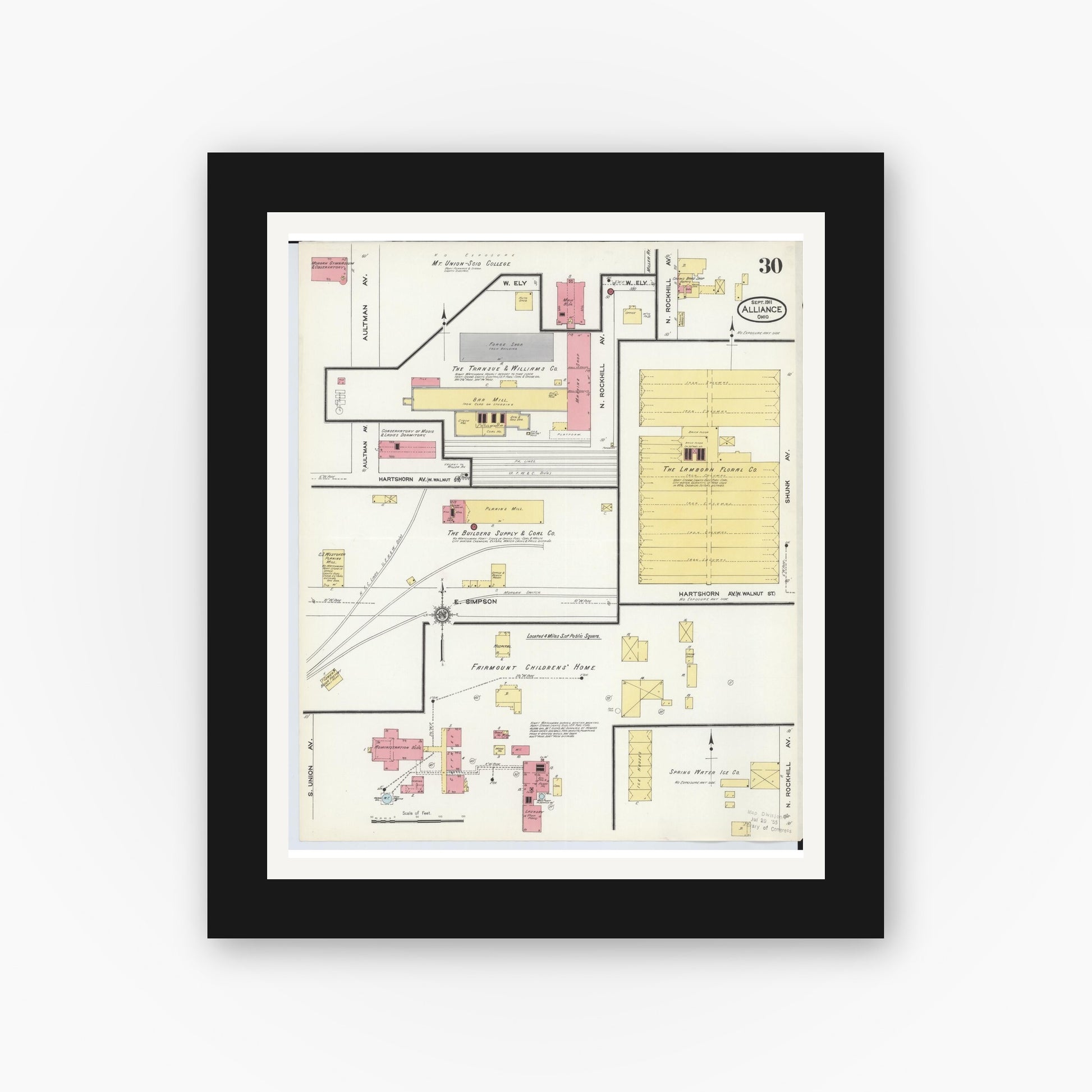 Old map wall art mockup — black gallery frame with white mat — Sanborn Fire Insurance Map from Alliance, Stark County, Ohio (1911), Sheet #0030
