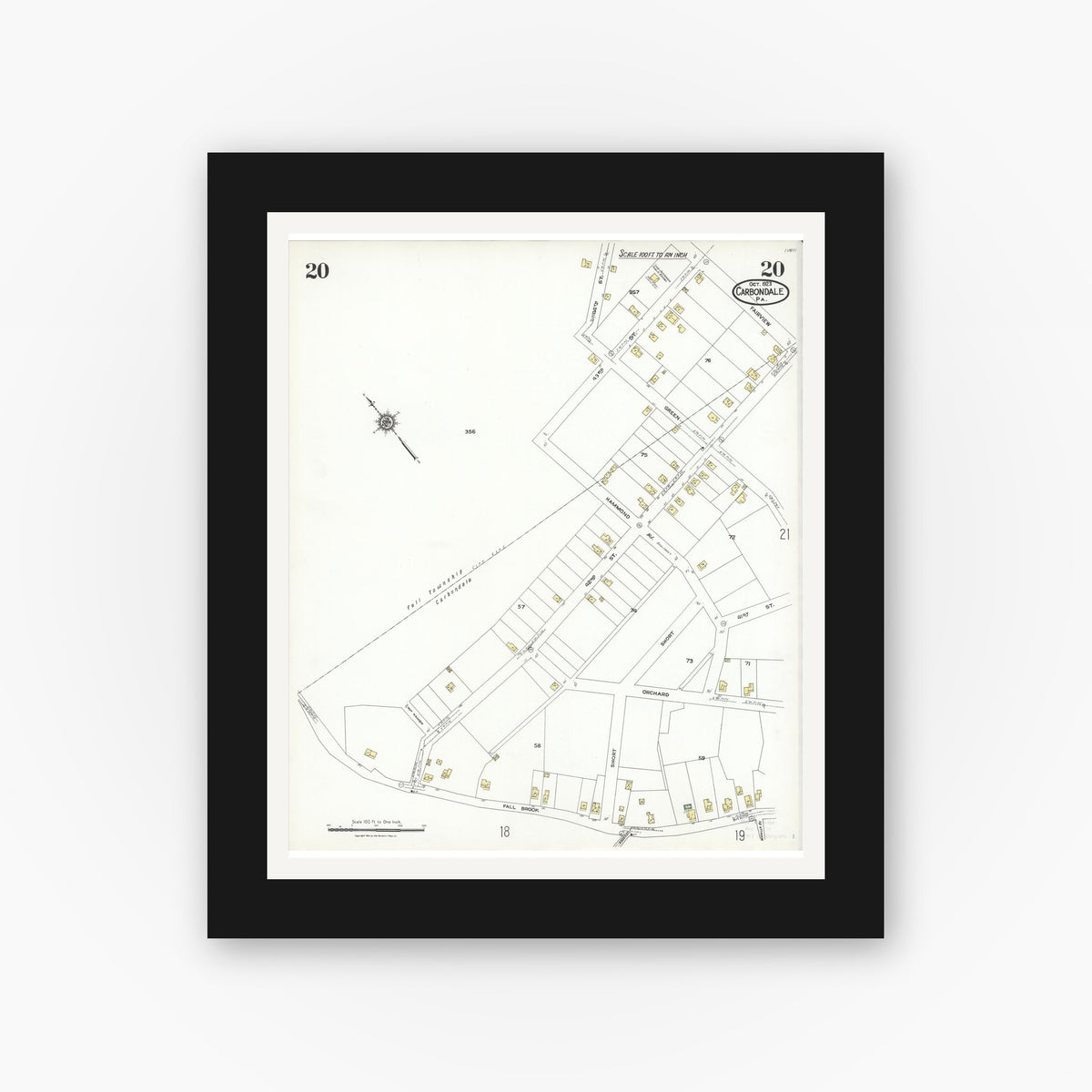 Old map wall art mockup — black gallery frame with white mat — Sanborn Fire Insurance Map from Carbondale, Lackawanna County, Pennsylvania (1923), Sheet #0020