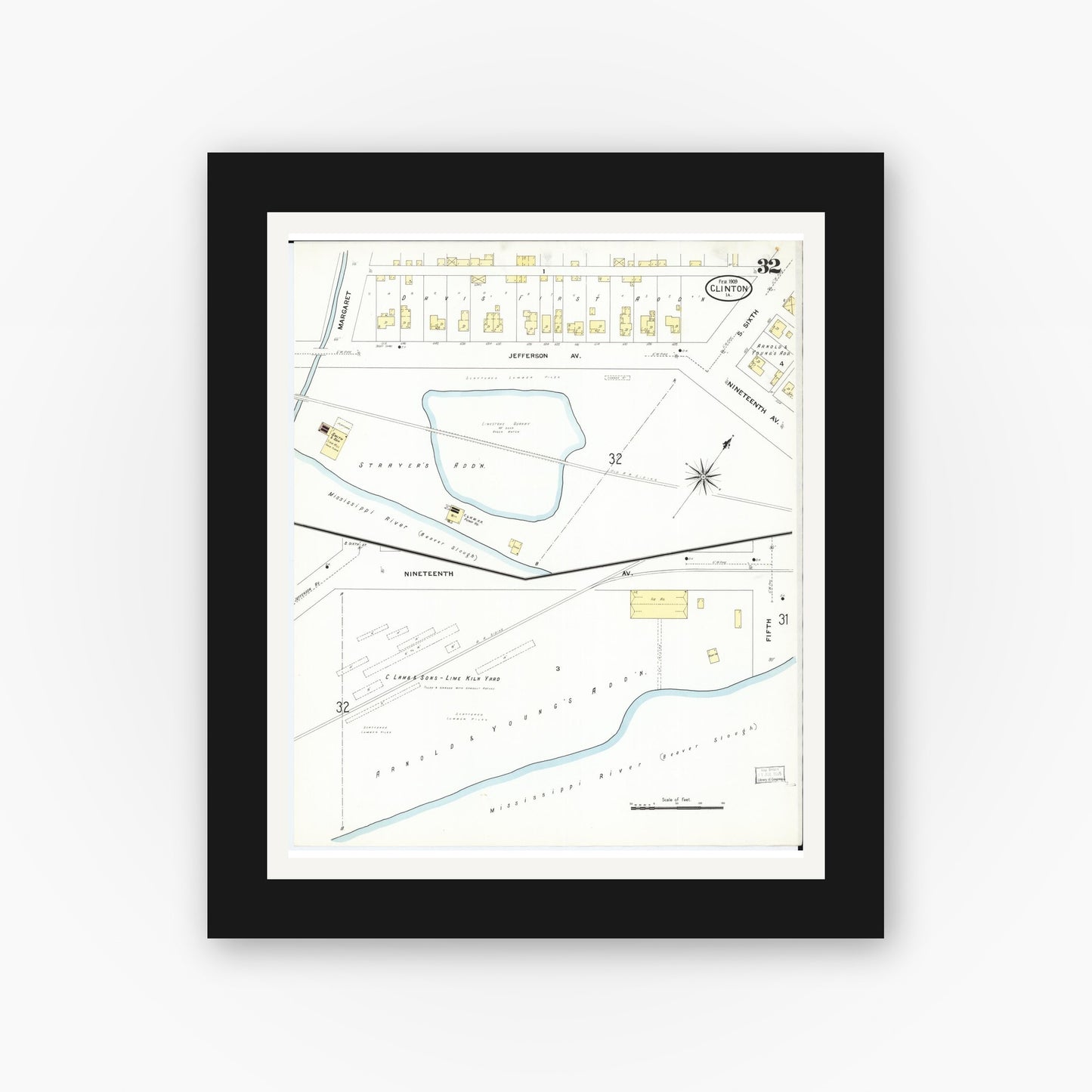 Old map wall art mockup — black gallery frame with white mat — Sanborn Fire Insurance Map from Clinton, Clinton County, Iowa (1909), Sheet #0032