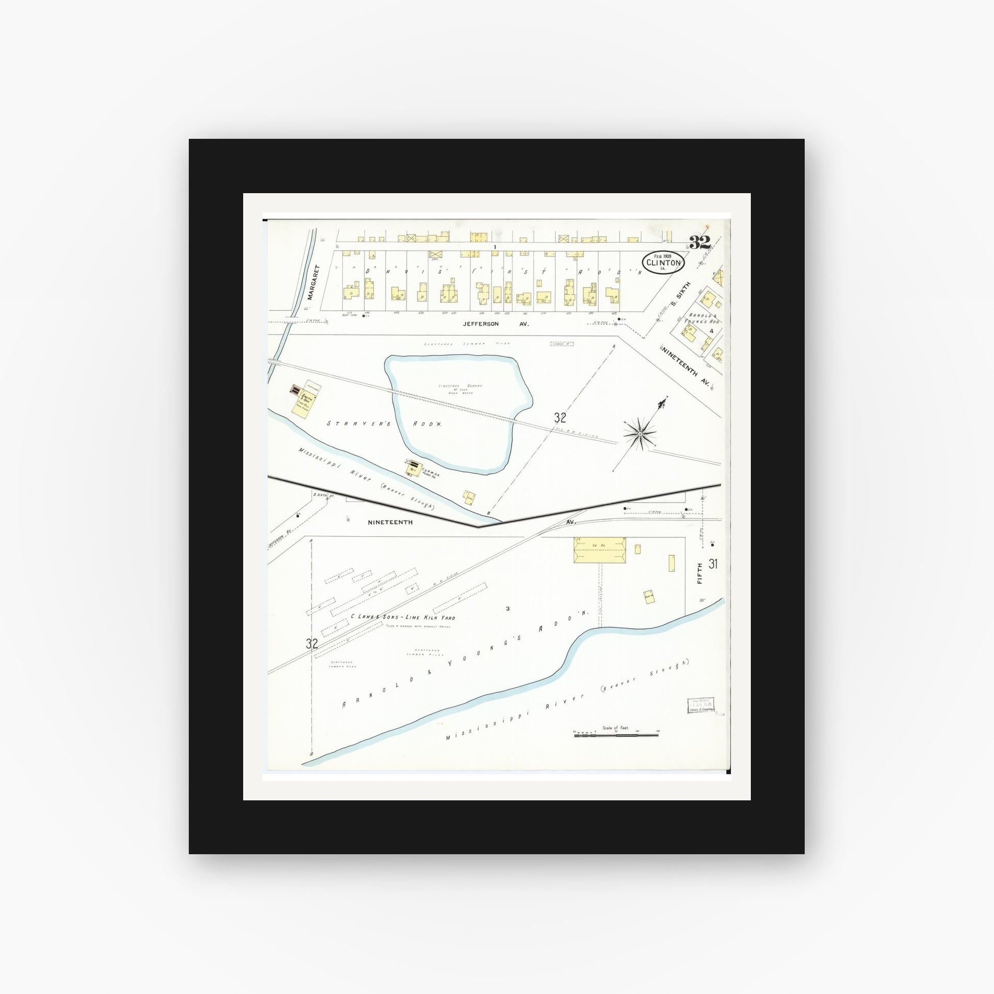 Old map wall art mockup — black gallery frame with white mat — Sanborn Fire Insurance Map from Clinton, Clinton County, Iowa (1909), Sheet #0032