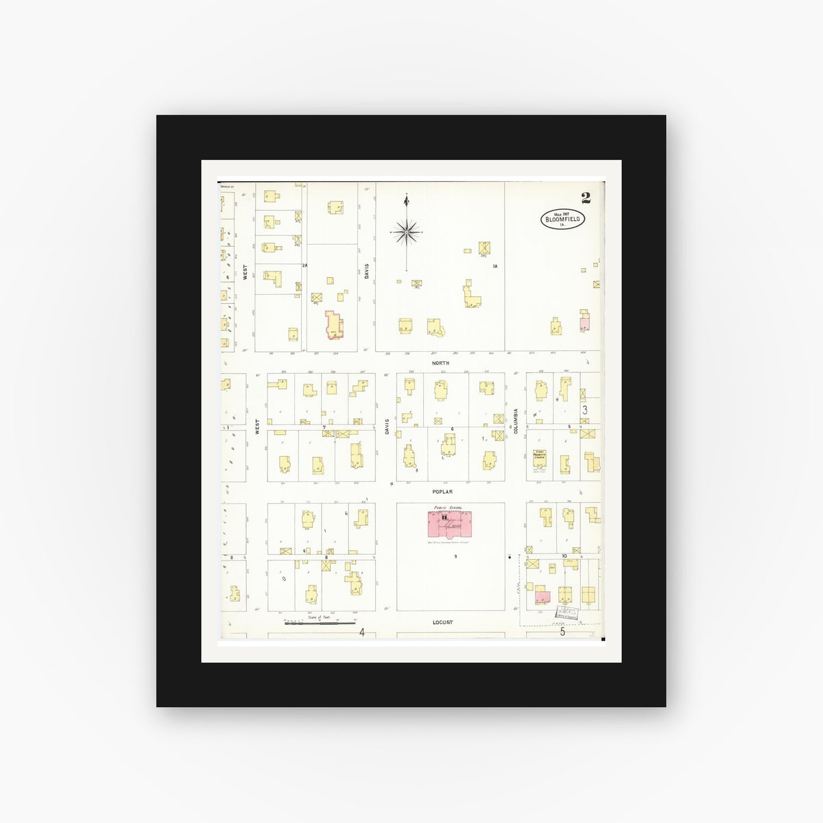 Old map wall art mockup — black gallery frame with white mat — Sanborn Fire Insurance Map from Bloomfield, Davis County, Iowa (1907), Sheet #0002