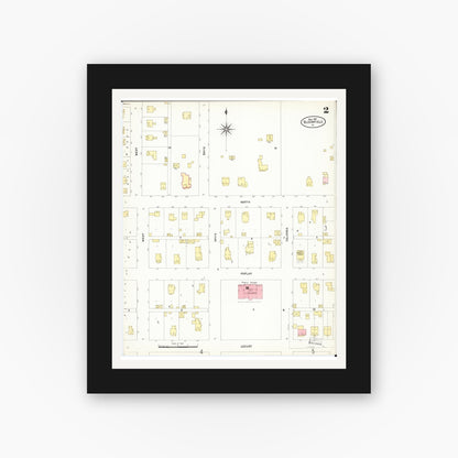 Old map wall art mockup — black gallery frame with white mat — Sanborn Fire Insurance Map from Bloomfield, Davis County, Iowa (1907), Sheet #0002