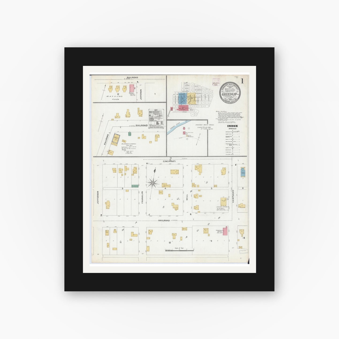 Old map wall art mockup — black gallery frame with white mat — Sanborn Fire Insurance Map from Greenup, Cumberland County, Illinois (1906) - Complete Map Set