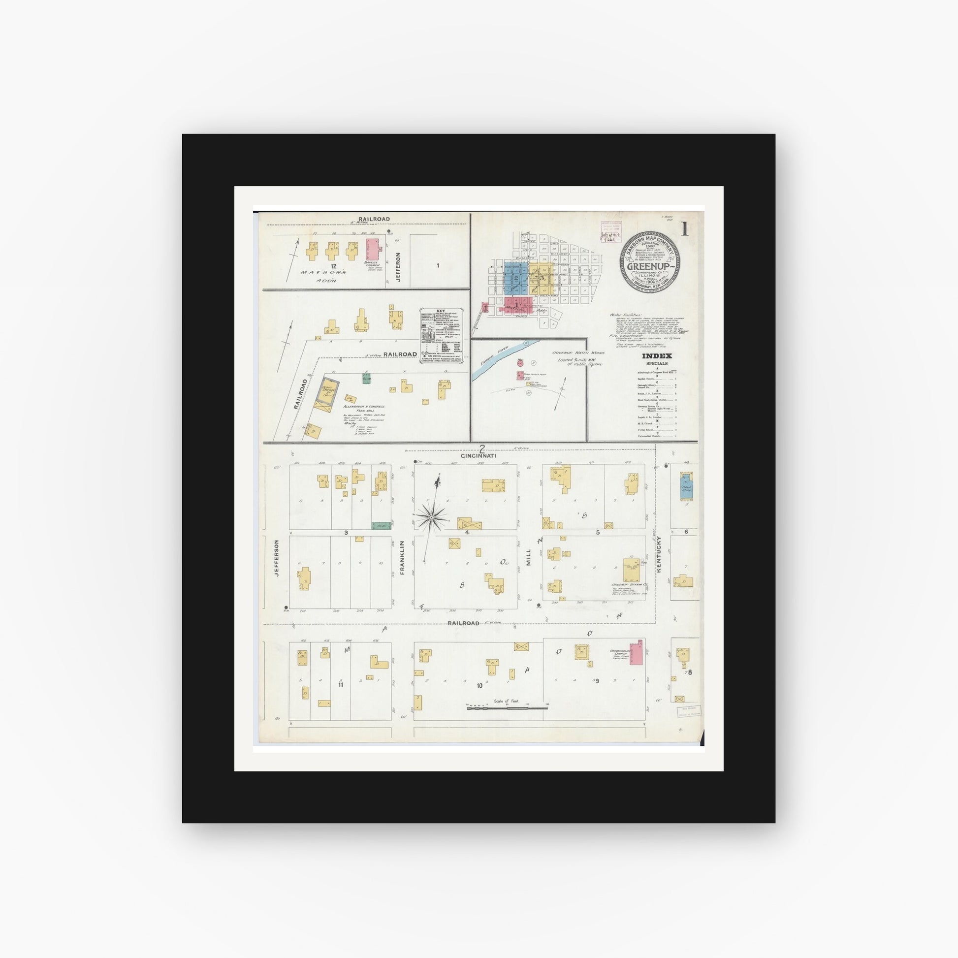 Old map wall art mockup — black gallery frame with white mat — Sanborn Fire Insurance Map from Greenup, Cumberland County, Illinois (1906) - Complete Map Set