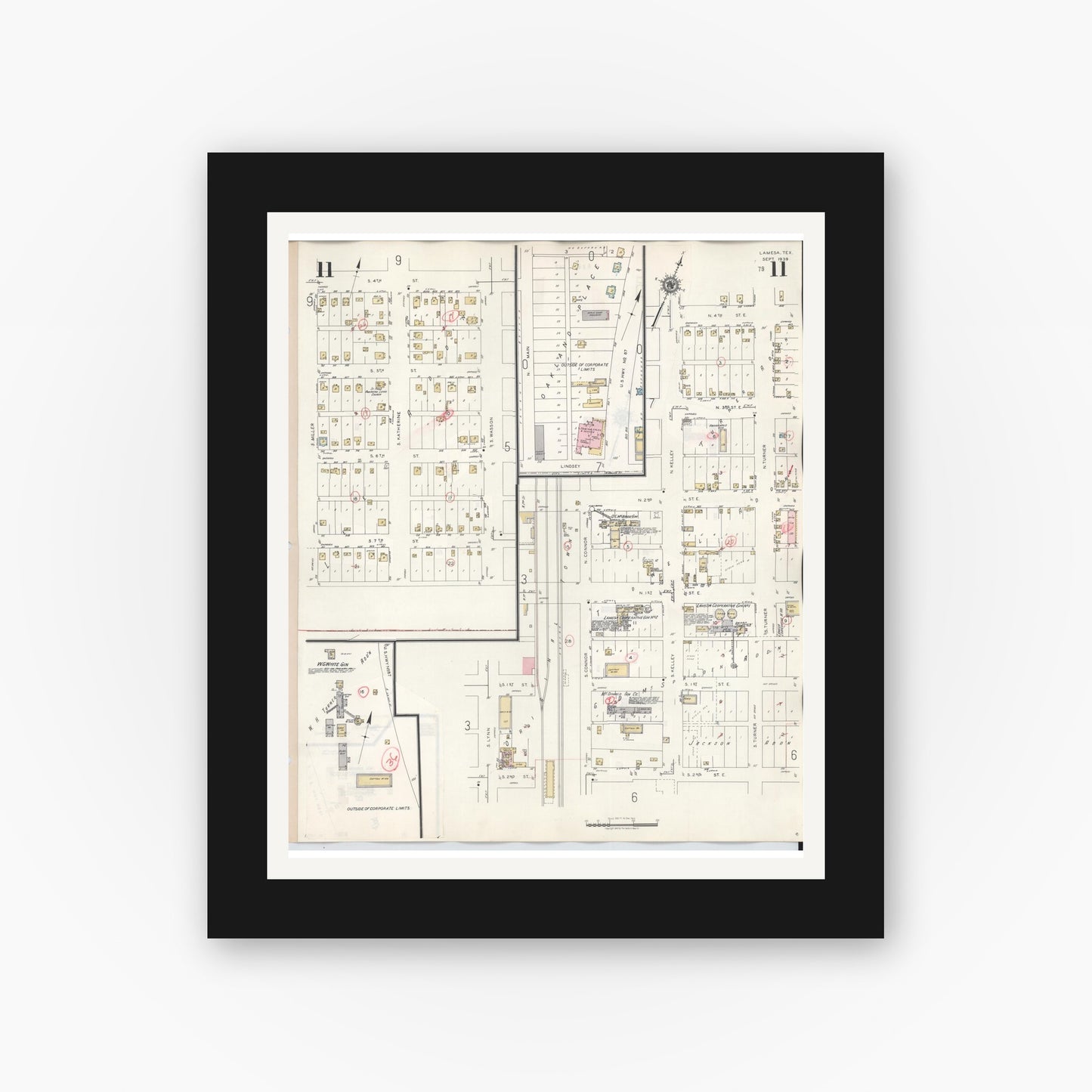 Old map wall art mockup — black gallery frame with white mat — Sanborn Fire Insurance Map from Lamesa, Dawson County, Texas (1948), Sheet #0011