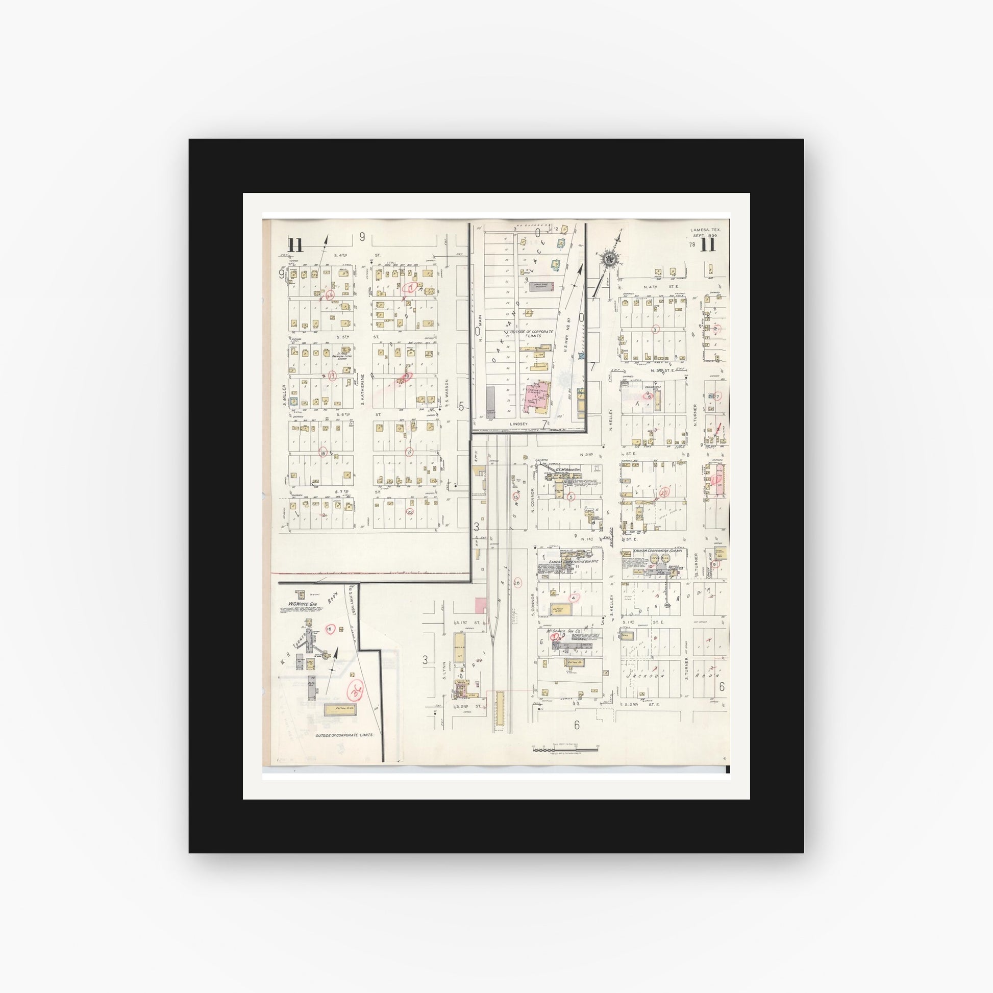 Old map wall art mockup — black gallery frame with white mat — Sanborn Fire Insurance Map from Lamesa, Dawson County, Texas (1948), Sheet #0011
