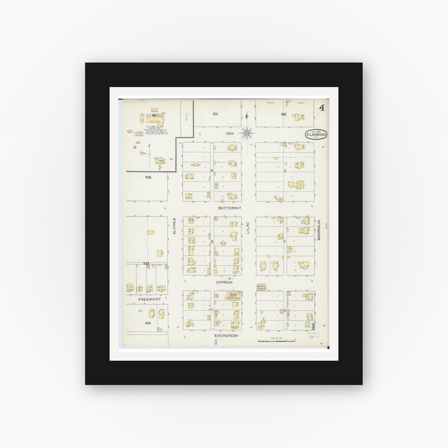 Old map wall art mockup — black gallery frame with white mat — Sanborn Fire Insurance Map from Elmwood, Peoria County, Illinois (1893), Sheet #0004