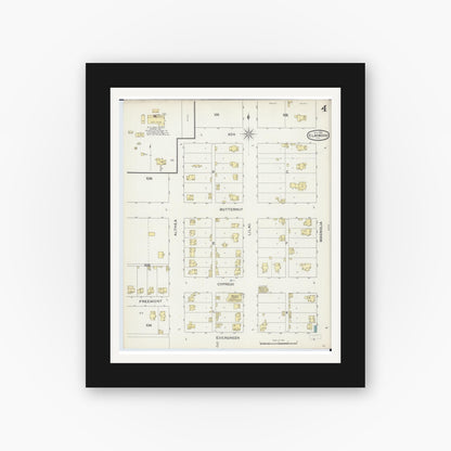 Old map wall art mockup — black gallery frame with white mat — Sanborn Fire Insurance Map from Elmwood, Peoria County, Illinois (1893), Sheet #0004