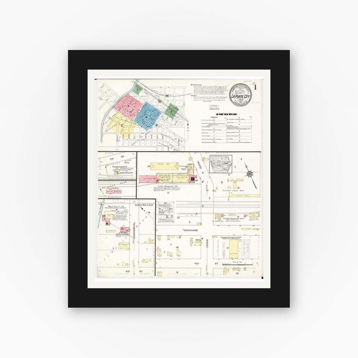 Old map wall art mockup — black gallery frame with white mat — Sanborn Fire Insurance Map from La Porte City, Black Hawk County, Iowa (1913), Sheet #0001
