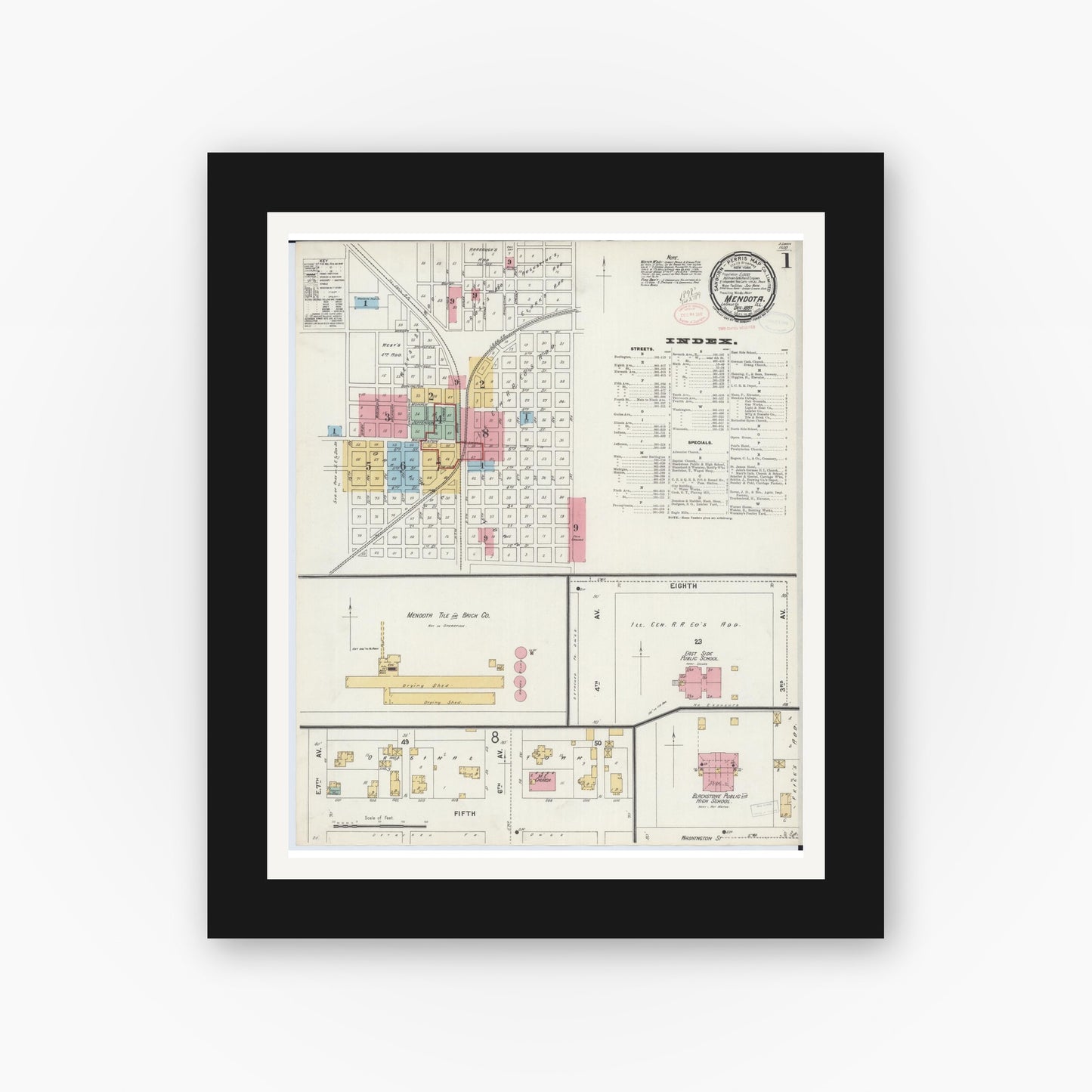 Old map wall art mockup — black gallery frame with white mat — Sanborn Fire Insurance Map from Mendota, La Salle County, Illinois (1897) - Complete Map Set