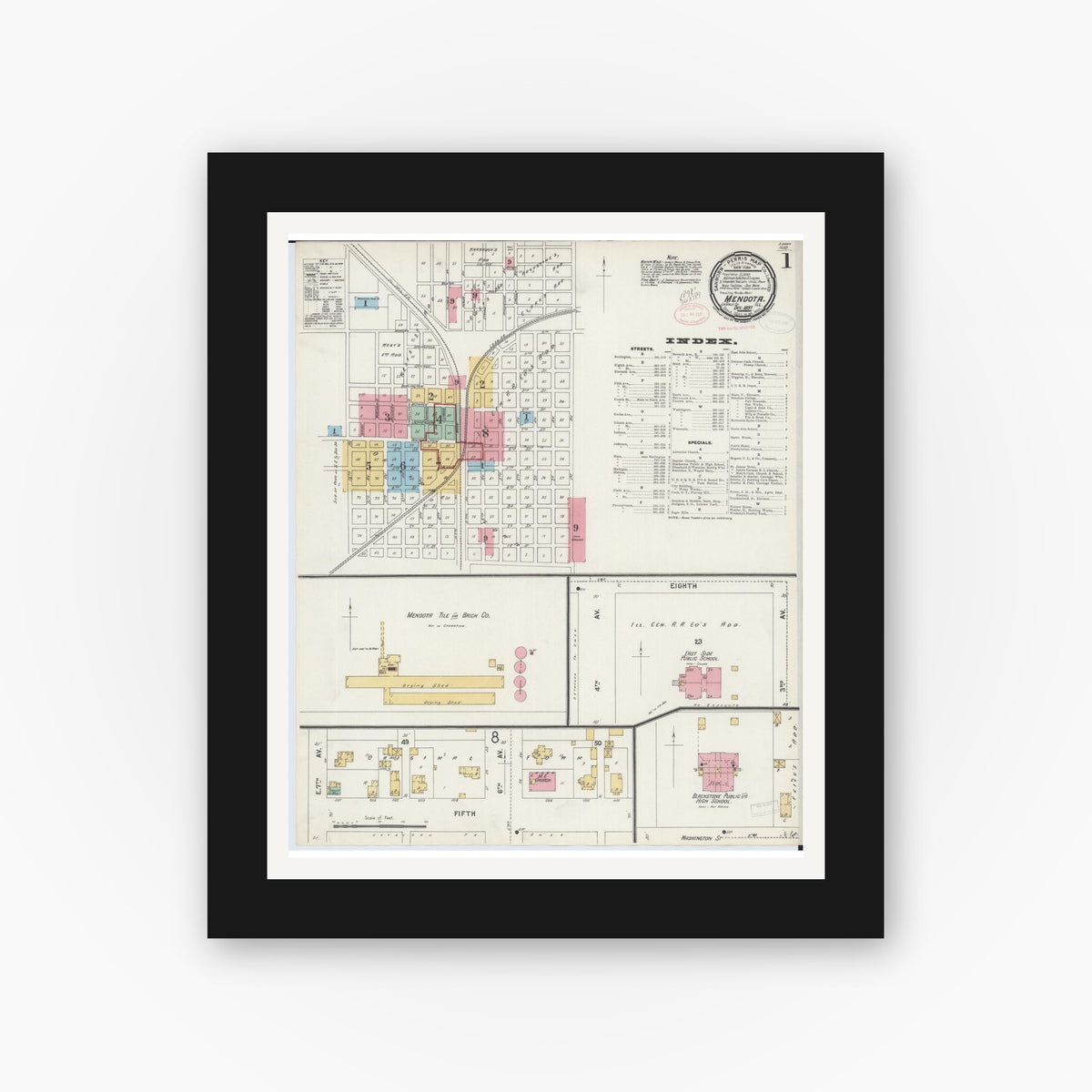 Old map wall art mockup — black gallery frame with white mat — Sanborn Fire Insurance Map from Mendota, La Salle County, Illinois (1897) - Complete Map Set