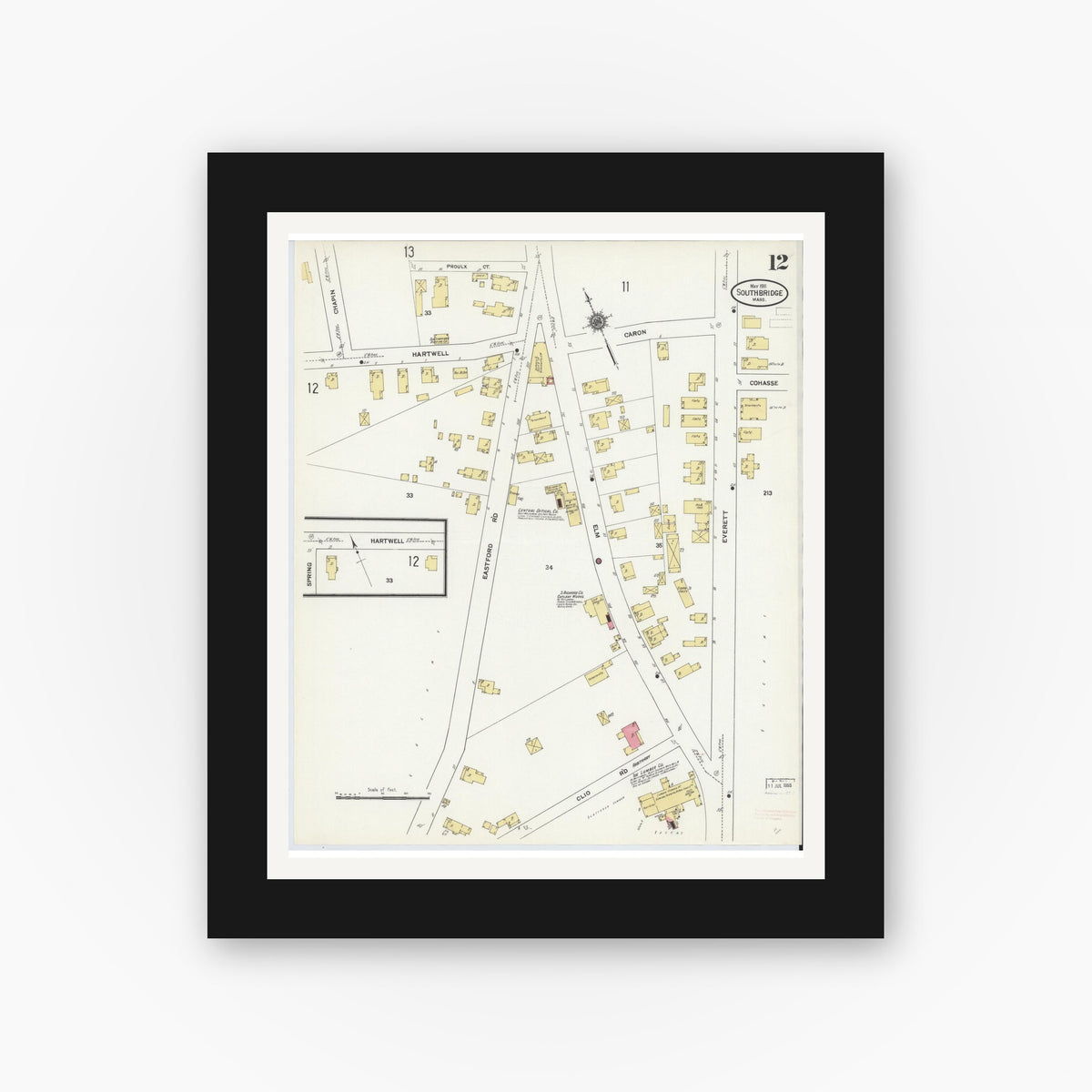 Old map wall art mockup — black gallery frame with white mat — Sanborn Fire Insurance Map from Southbridge, Worcester County, Massachusetts (1911), Sheet #0012