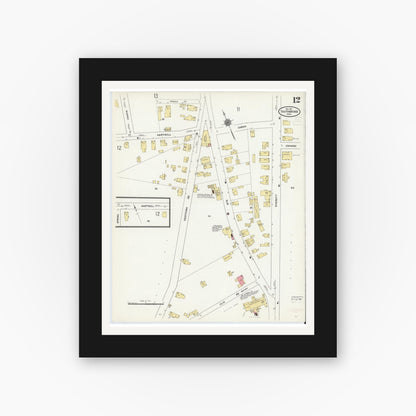 Old map wall art mockup — black gallery frame with white mat — Sanborn Fire Insurance Map from Southbridge, Worcester County, Massachusetts (1911), Sheet #0012