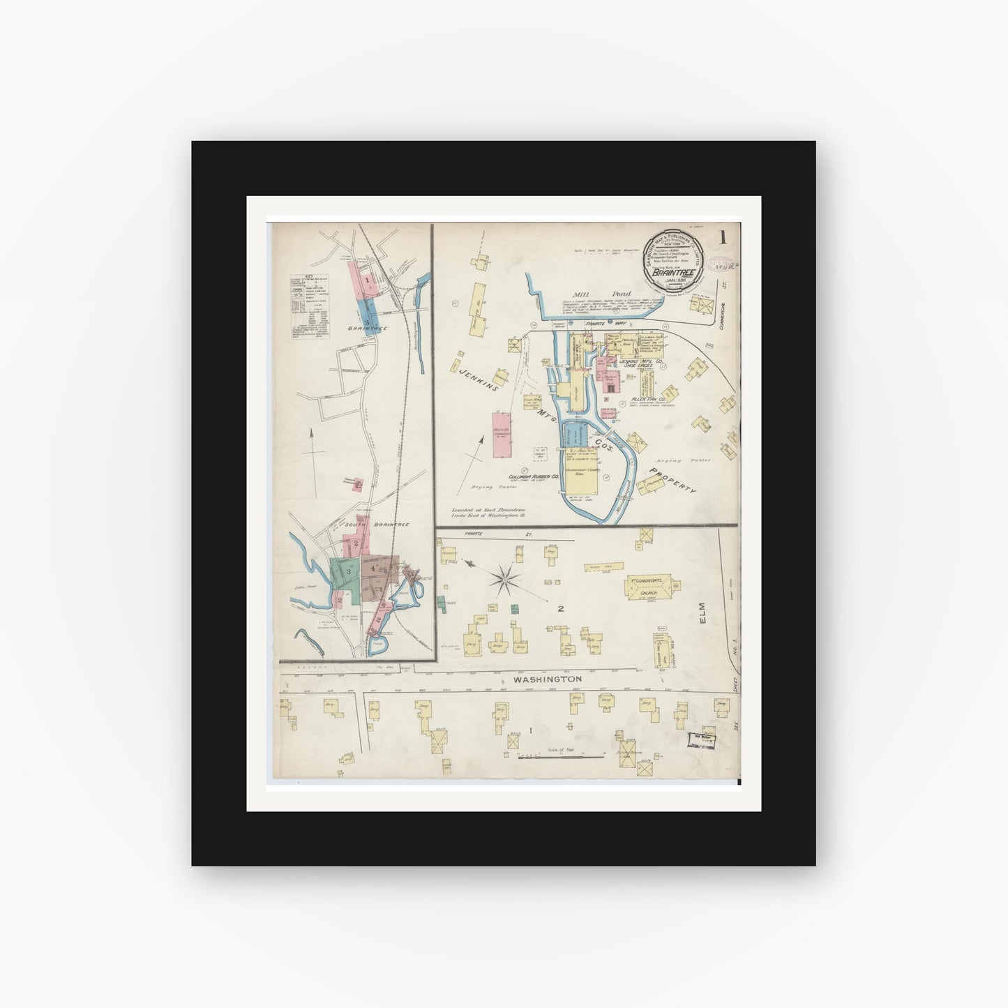 Old map wall art mockup — black gallery frame with white mat — Sanborn Fire Insurance Map from Braintree, Norfolk County, Massachusetts (1886) - Complete Map Set
