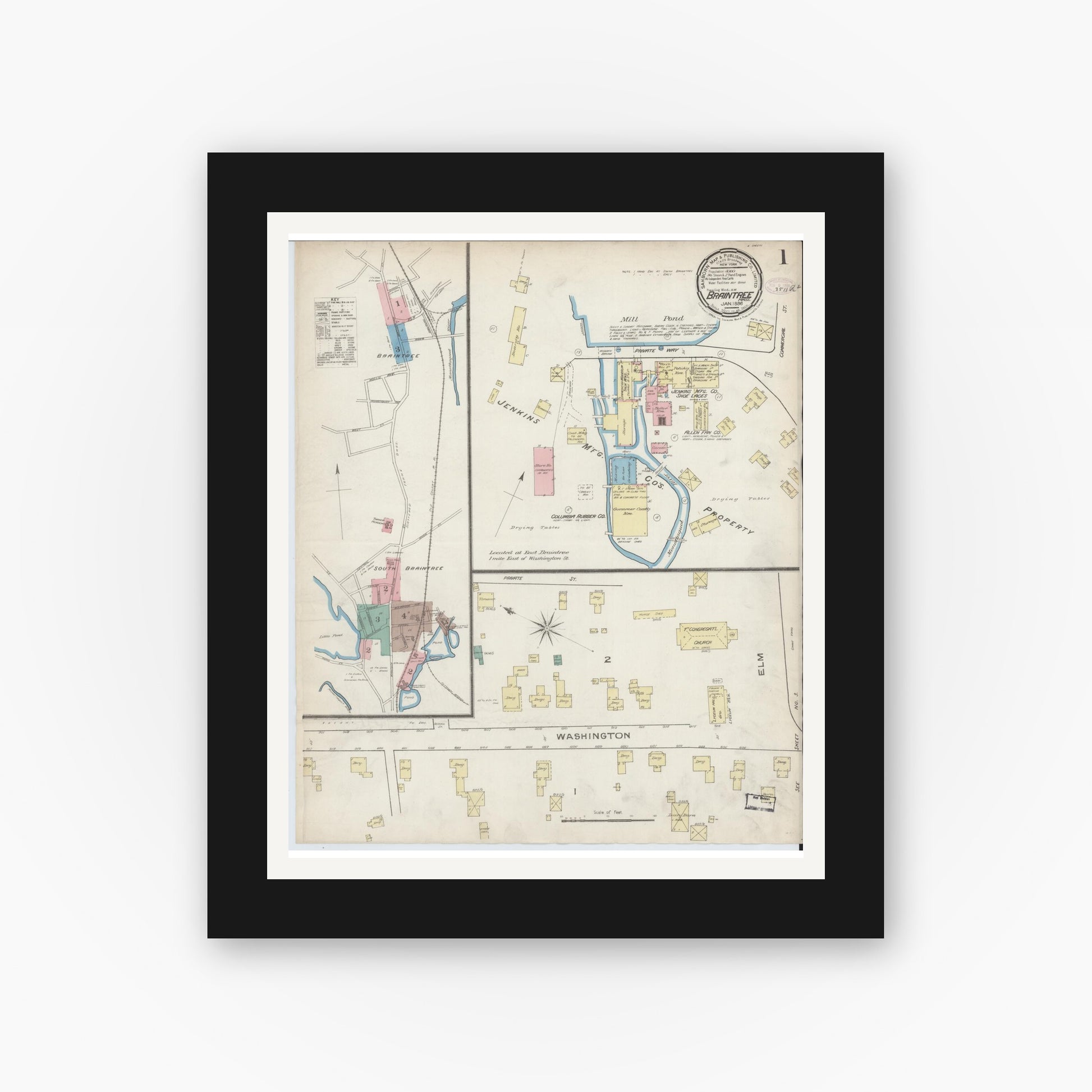 Old map wall art mockup — black gallery frame with white mat — Sanborn Fire Insurance Map from Braintree, Norfolk County, Massachusetts (1886) - Complete Map Set