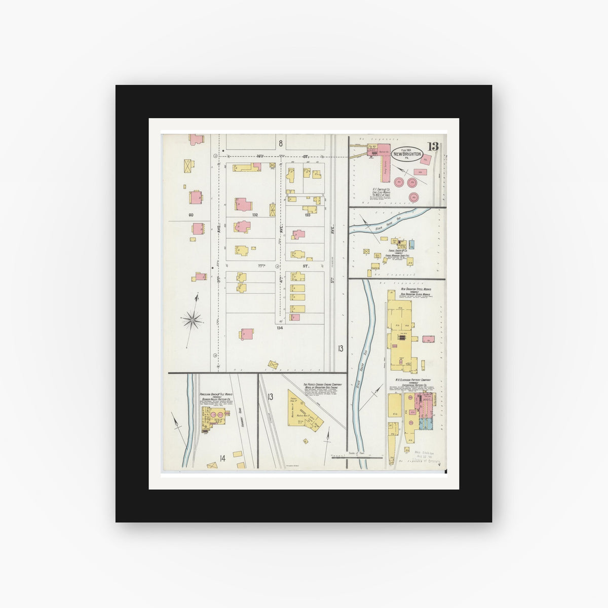 Old map wall art mockup — black gallery frame with white mat — Sanborn Fire Insurance Map from New Brighton, Beaver County, Pennsylvania (1901), Sheet #0013