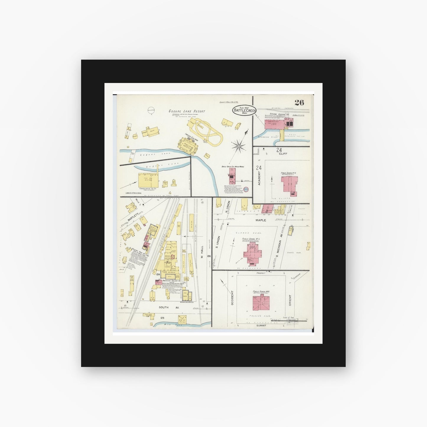 Old map wall art mockup — black gallery frame with white mat — Sanborn Fire Insurance Map from Battle Creek, Calhoun County, Michigan (1907), Sheet #0026